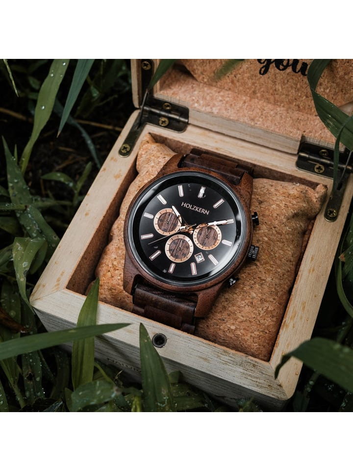 Holzkern Herrenuhr Quarz Chronograph Buschwerk Walnuss/Marmor Schwarz / Braun günstig kaufen onesize