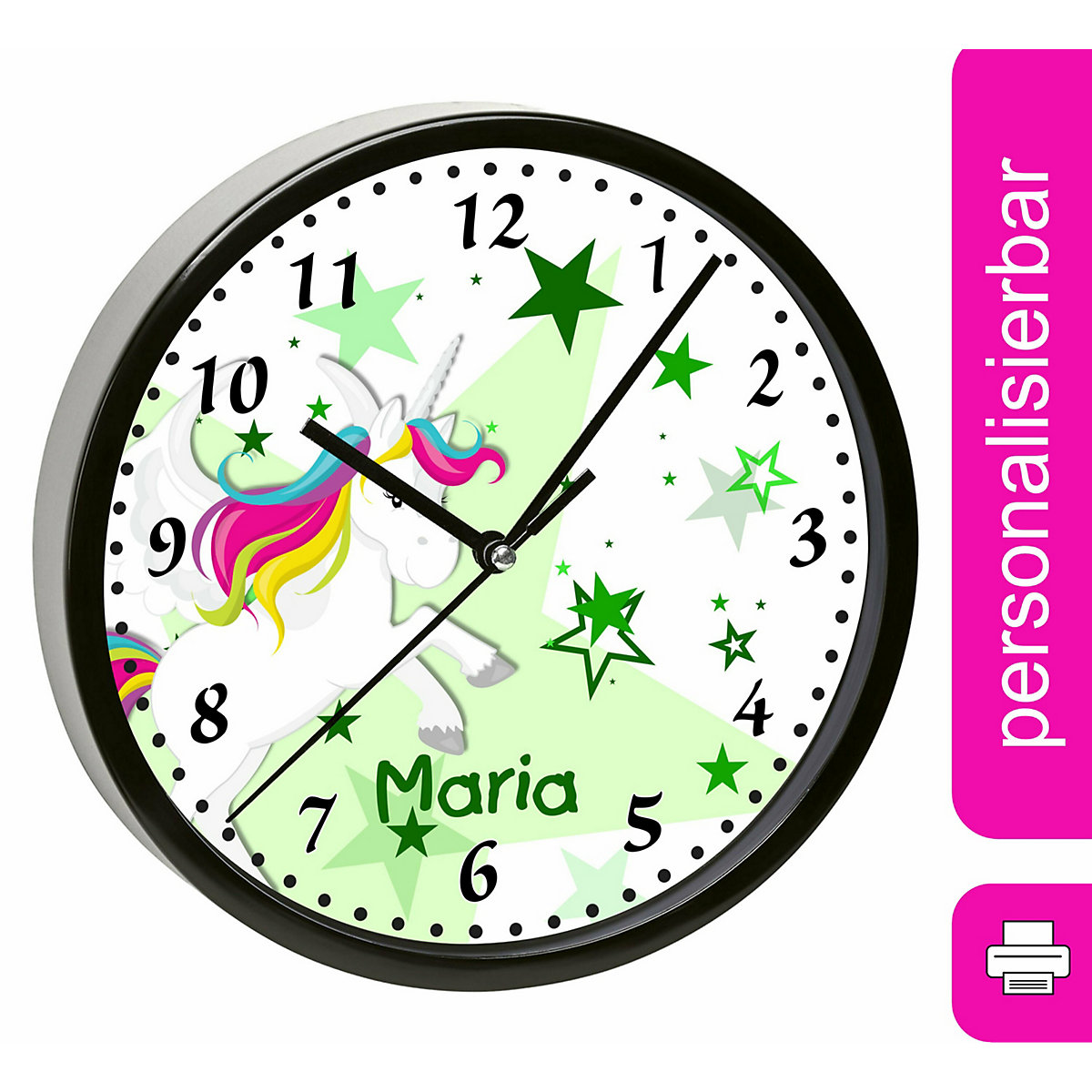 Kinder Wanduhr personalisiert mit Name Pegasus Sterne Grün