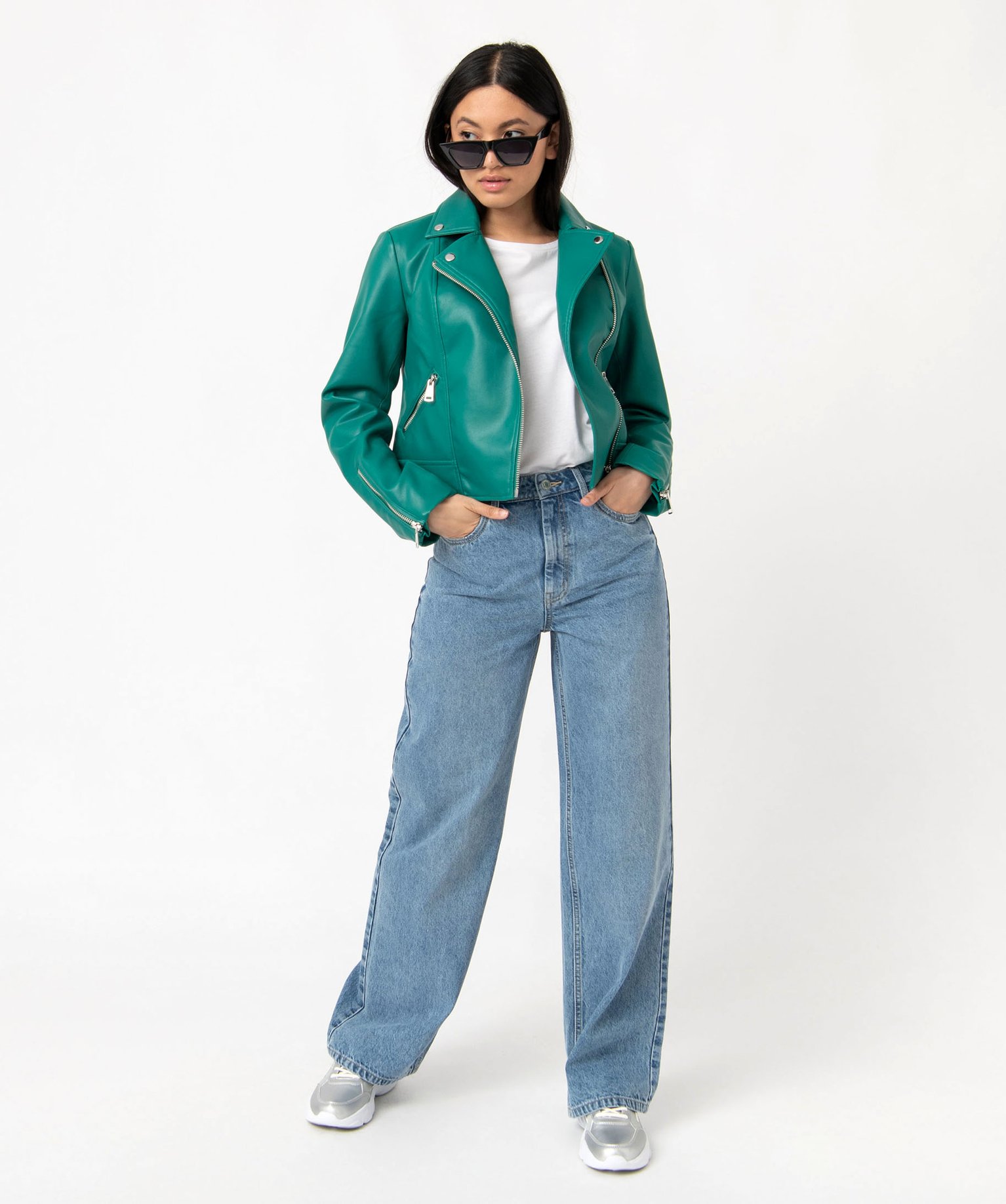 Blouson biker en synthétique imitation cuir femme vert | GEMO