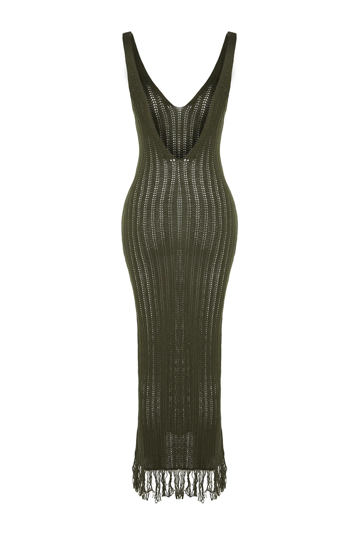 Trendyol Collection  Khakifarbenes, tailliertes Maxi-Strandkleid aus gestricktem Strickpullover mit Quasten TBESS22EL2920