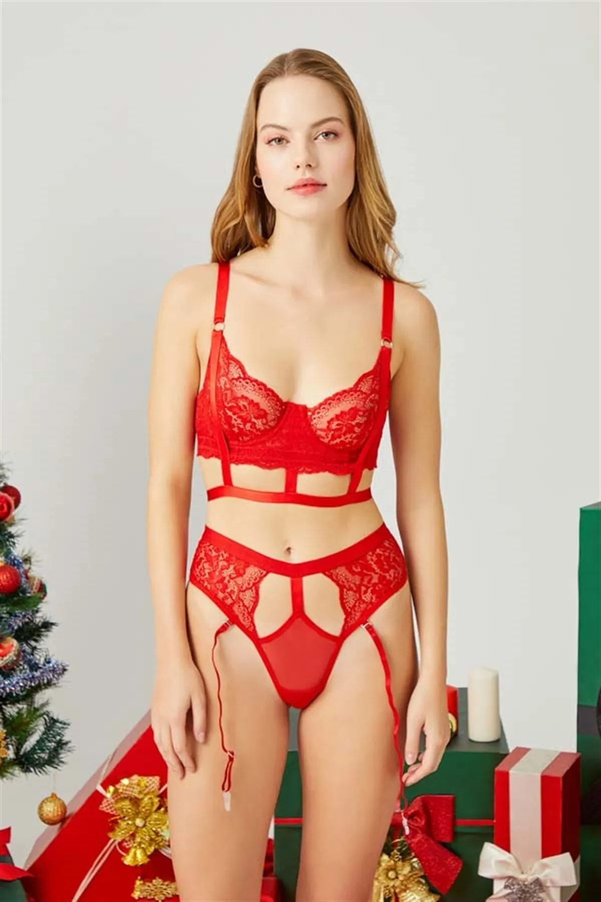 Cottonhill  Verstellbares, transparentes Damen-BH-Set aus roter Spitze