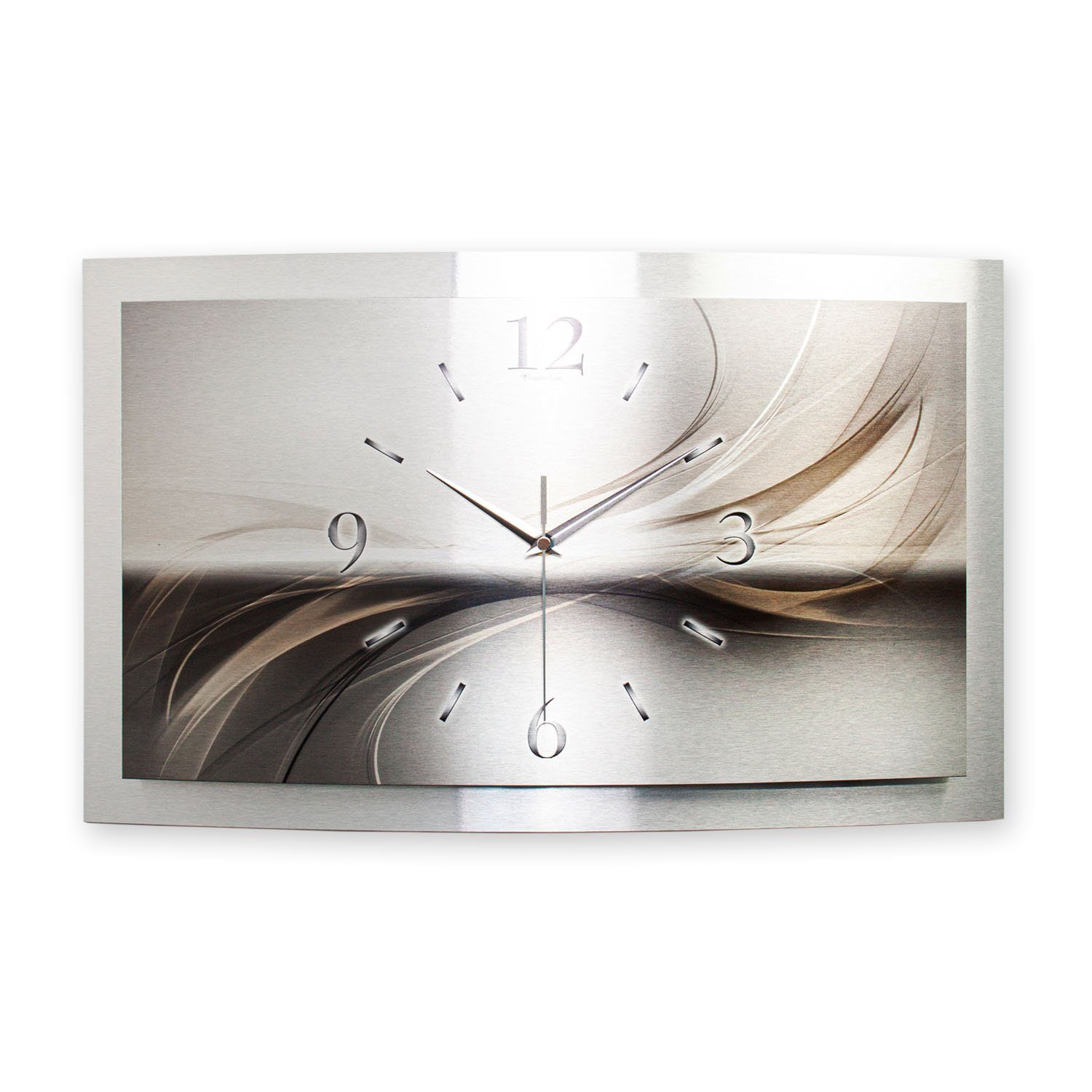 Kreative Feder Funkwanduhr 3D Designer-Wanduhr „Silverline“ aus gebürstetem Aluminium (3D-Wölbung; einzigartiges Zwei-Platten-Design; flüsterleises Uhrwerk)