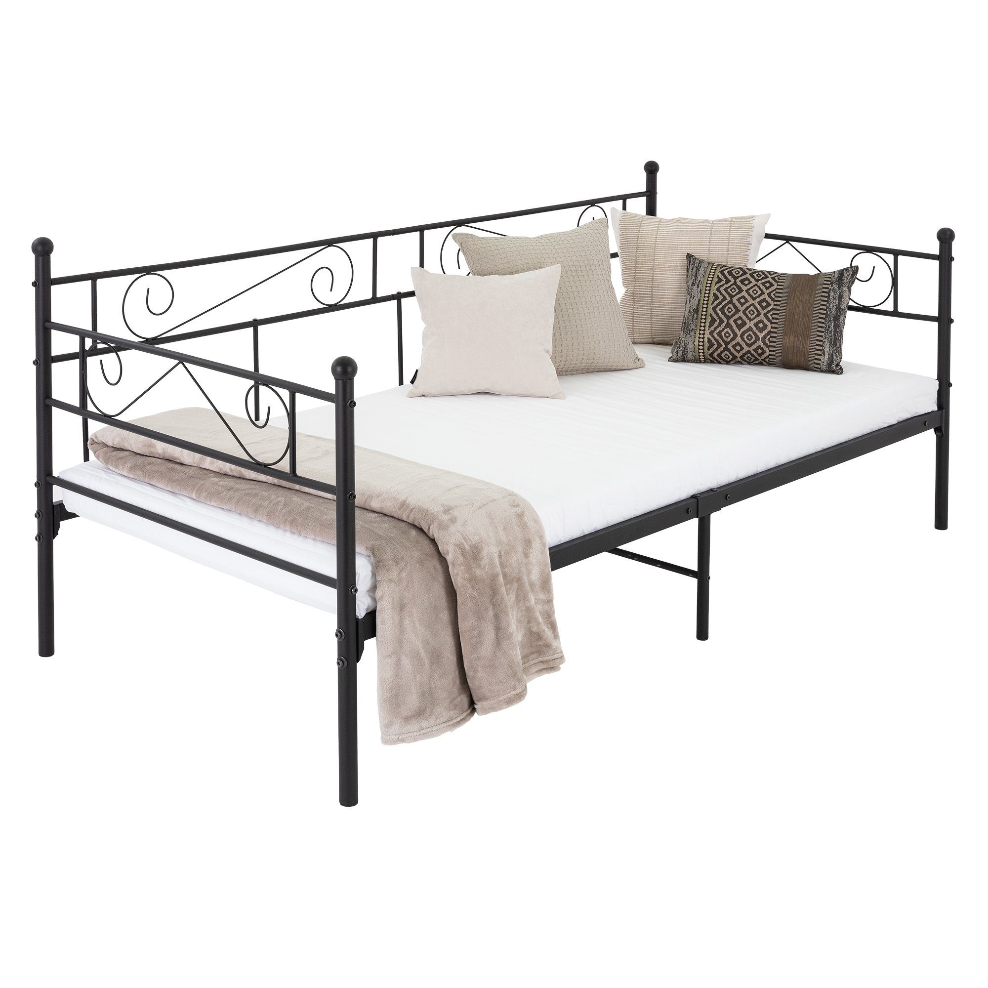 ML-DESIGN Metallbett Tagesbett Schlafzimmerbett Bettgestell Bettrahmen Schlafsofa Gästebett, Schwarz 90x200cm Stahlrahmen Lattenrost robust/leichte Montage