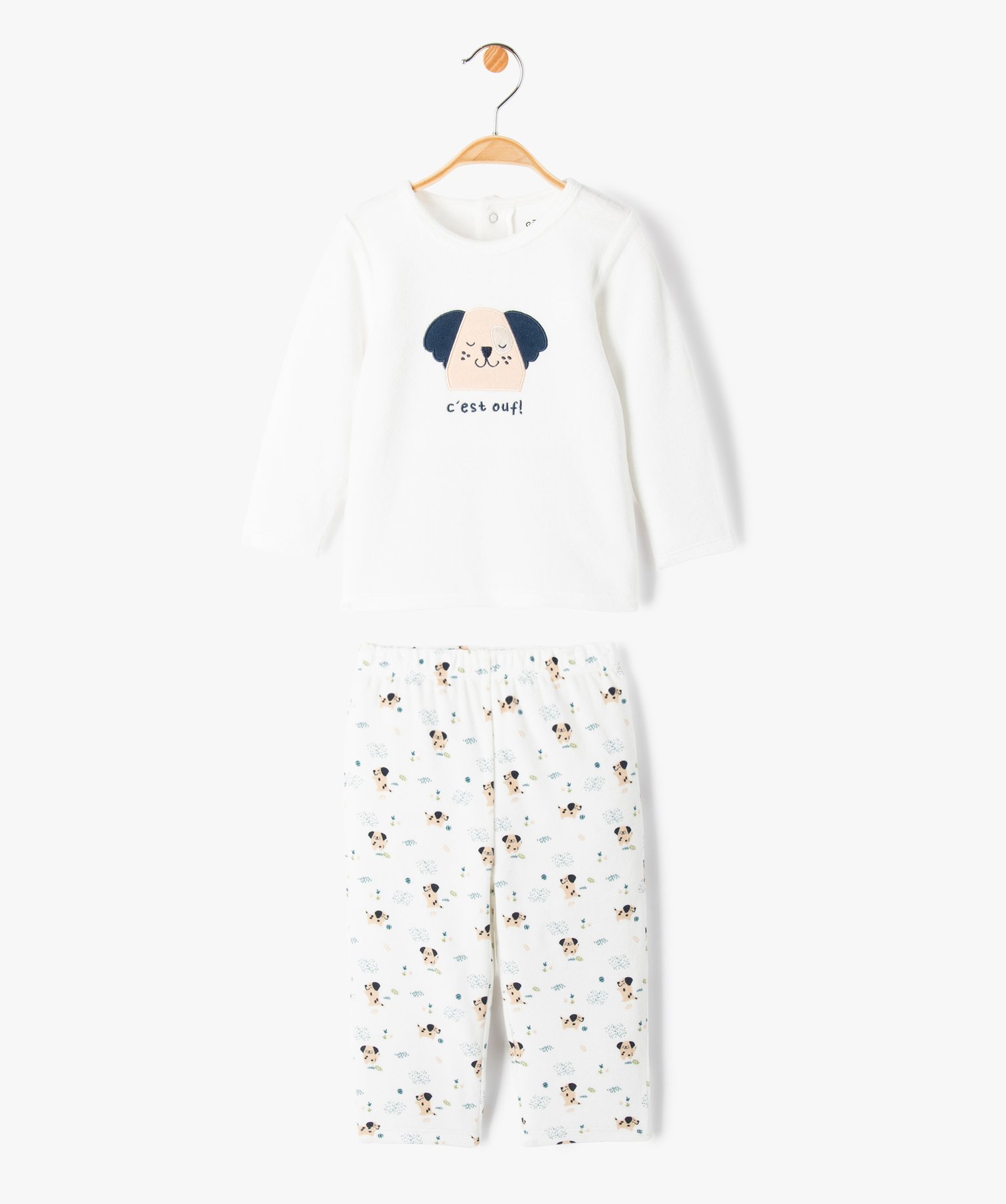 Pyjama 2 pièces en velours imprimé dépareillé bébé ecru | GEMO