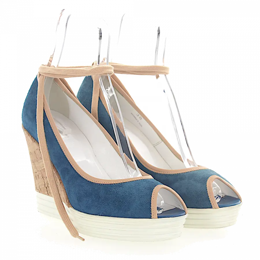 Hogan - Wedge Sandalen Peeptoe Plateau Veloursleder blau Leder beige - blau