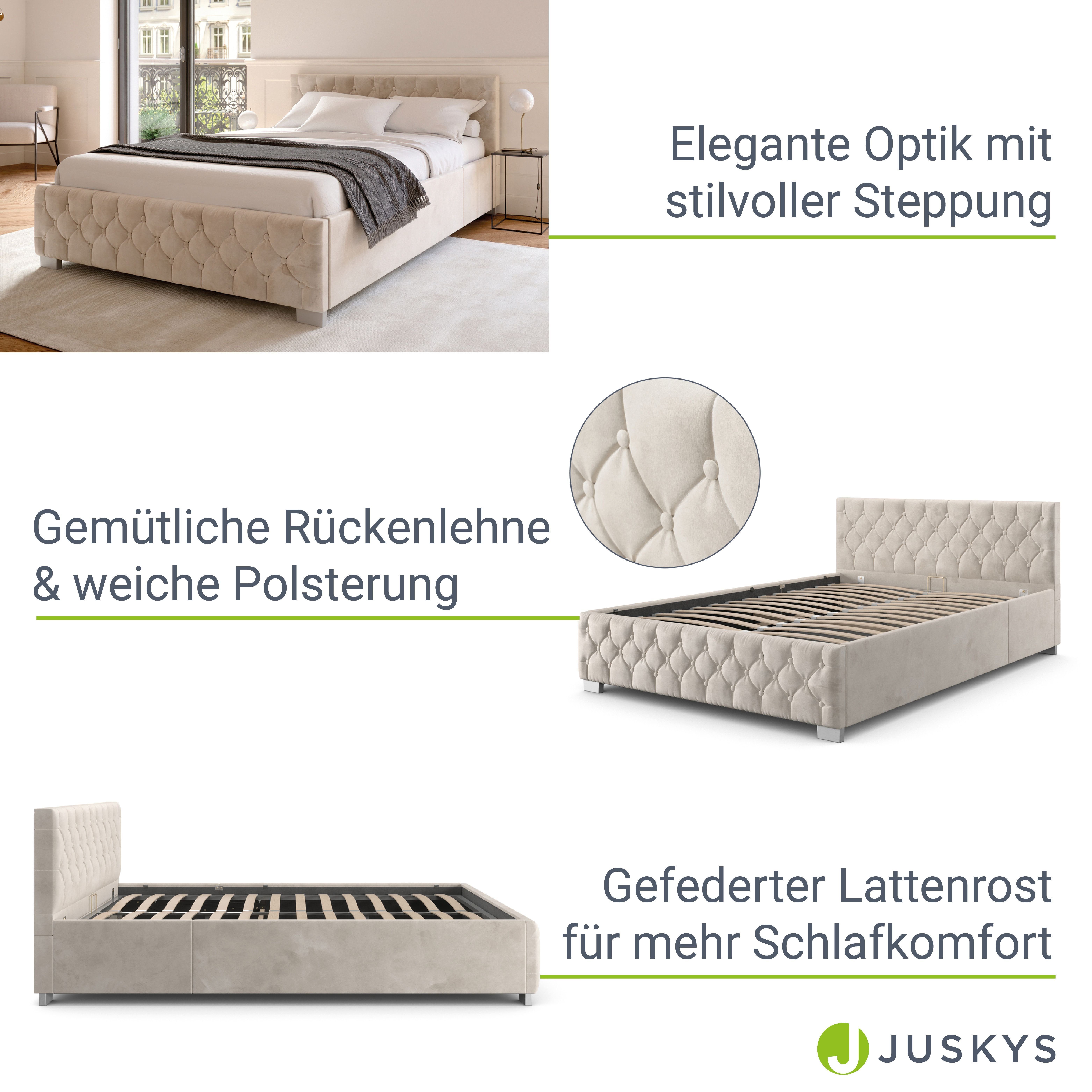 Juskys Polsterbett Nizza, 180x200 cm, Samt-Bezug, LED-Licht, großer Bettkasten, inkl. Matratze