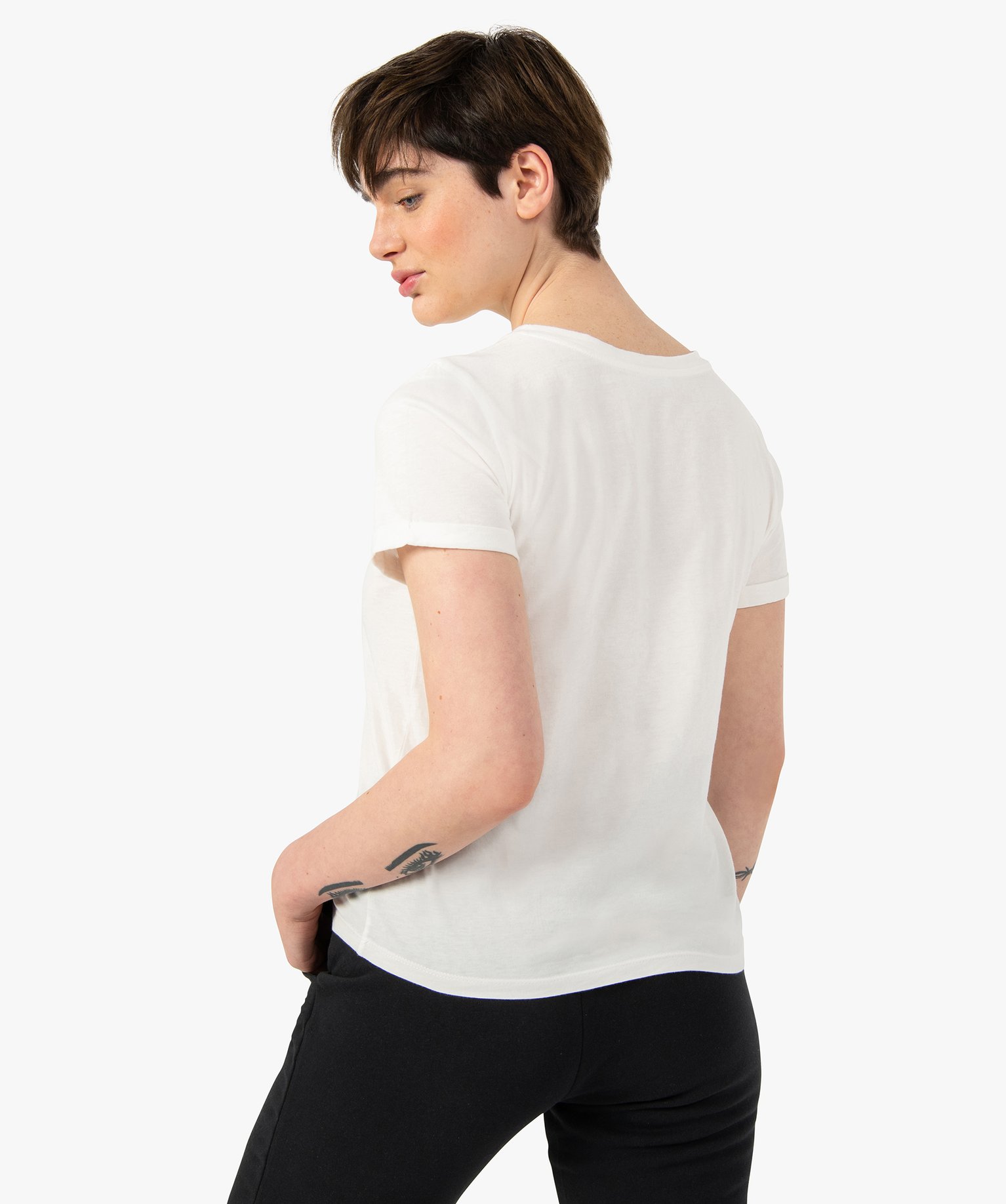 Tee-shirt femme à manches courtes avec inscription en sequins blanc | GEMO