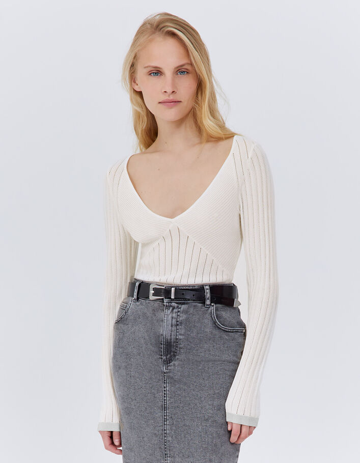 Pull écru tricot ajouré fantaisie Femme
