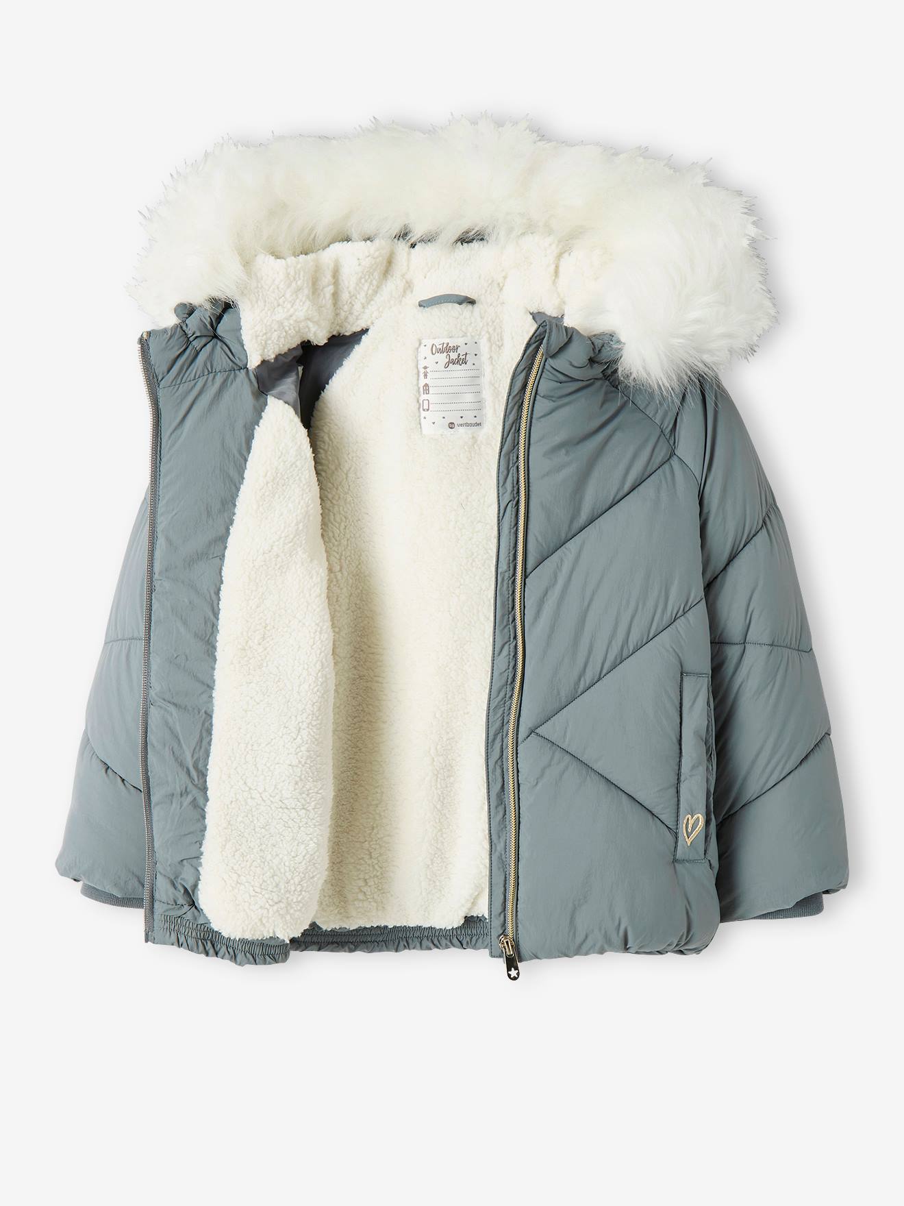 Doudoune courte à capuche doublée sherpa fille. vert
