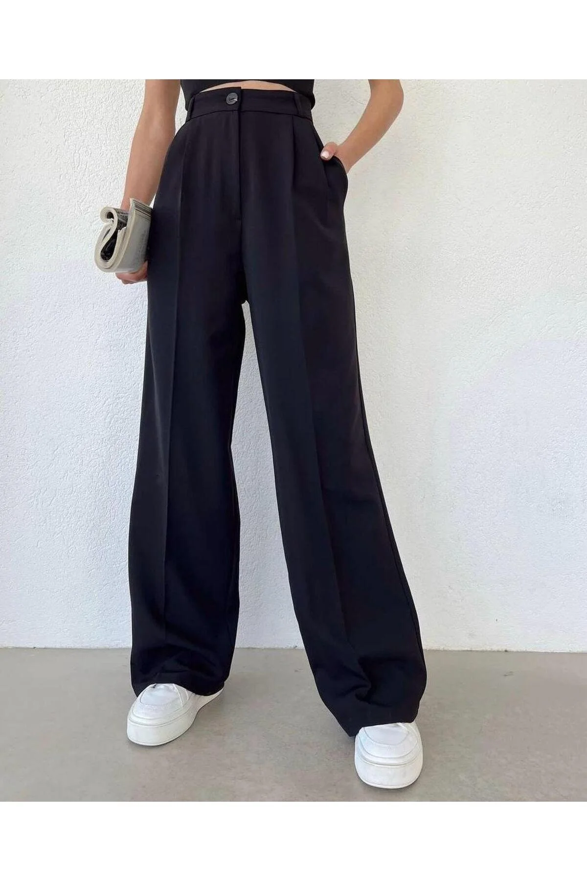 modazoom  Schwarze Palazzo-Hose mit hoher Taille und Falten für Damen