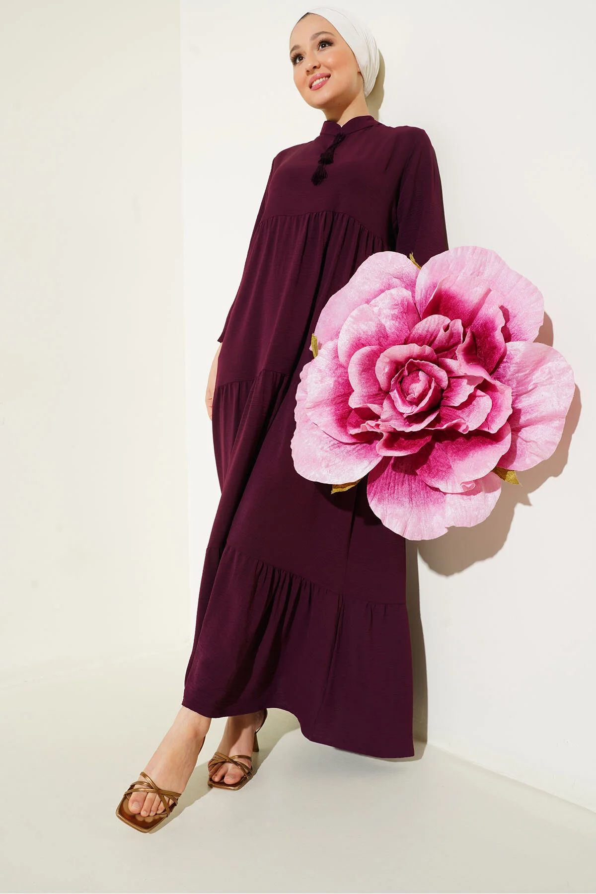 Bigdart  1627 Hijab-Kleid mit Kragen und Schnürung – Hellbordeauxrot