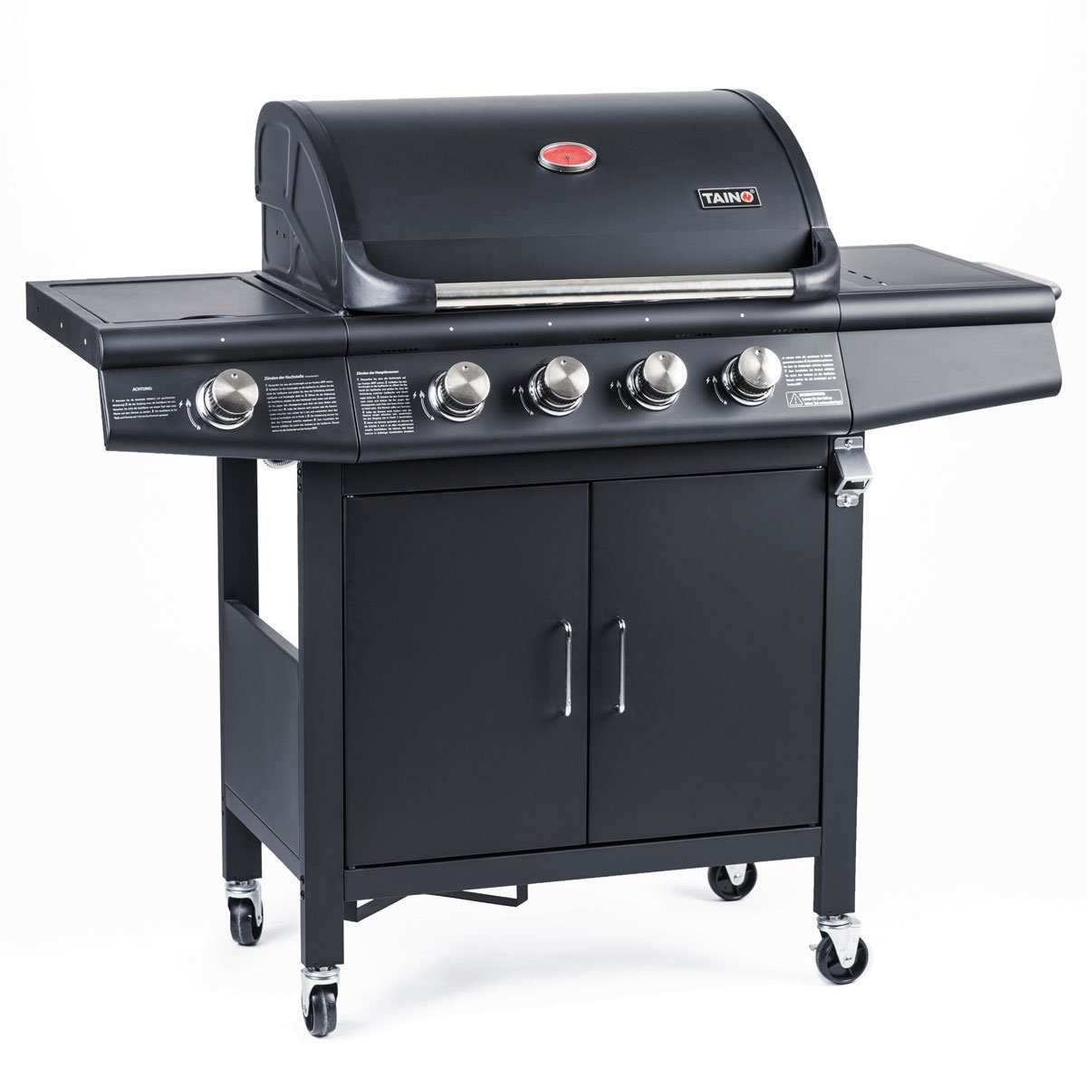 TAINO Gasgrill RED 4 +1, Gasgrill inkl. Abdeckhaube und Gasdruckminderer mit Schlauch, Standgrill, Edelstahl-Brenner, Gas-Flaschenhalter