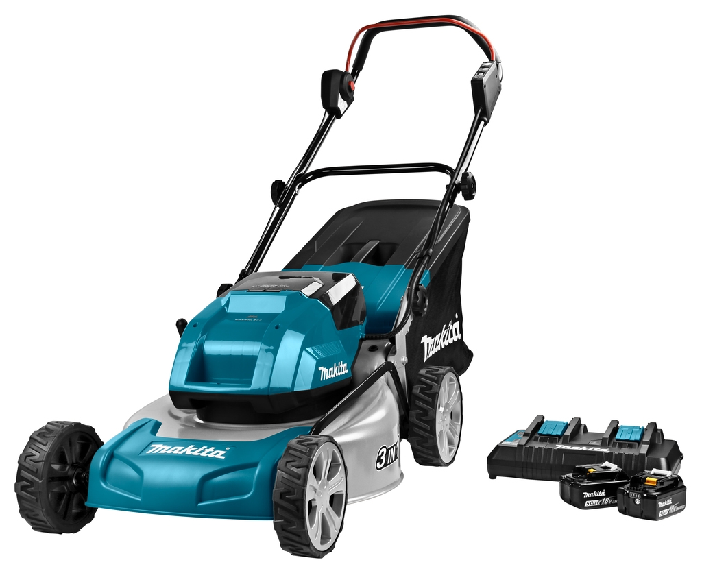 Cortacésped inalámbrico Makita DLM460PT2 de 46 cm, 2 baterías de 18 voltios y 5,0 Ah de iones de litio.