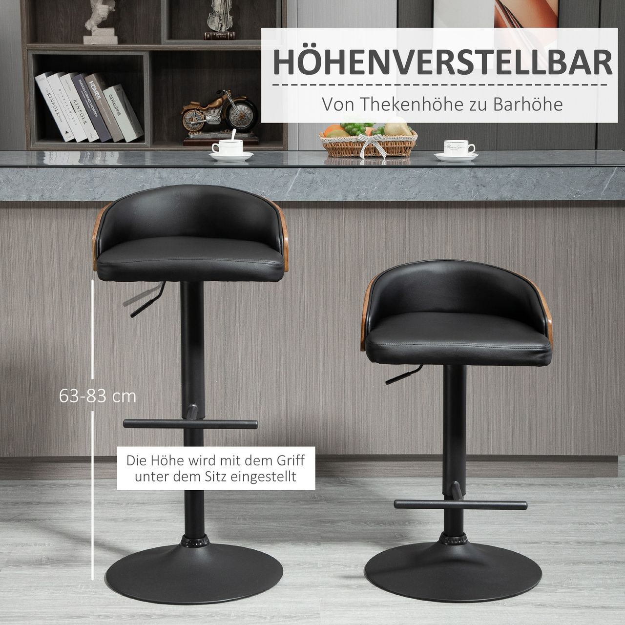 HOMCOM 2er-Set Barhocker drehbare Barstühle mit Fußstütze Barstuhl höhenverstellbar Küchenstühle Drehstühle Kunstleder Holz Schwarz Kaffee 48 x 49,5 x 76-96 cm
