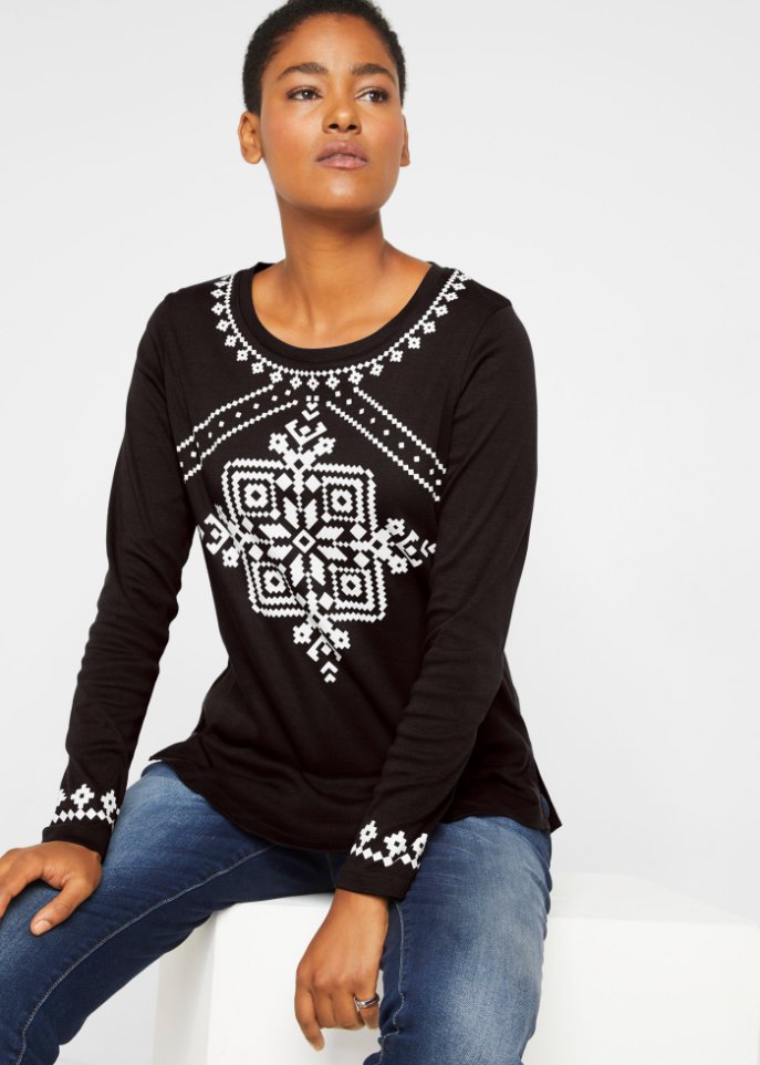 Baumwollripp-Langarmshirt mit Norwegermotiv