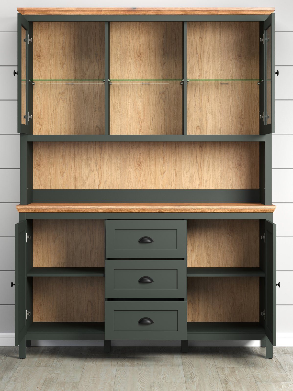 trendteam Buffet Stanton (Buffetschrank in Landhaus grün mit Eiche, 146 x 198 cm) mit LED Beleuchtung