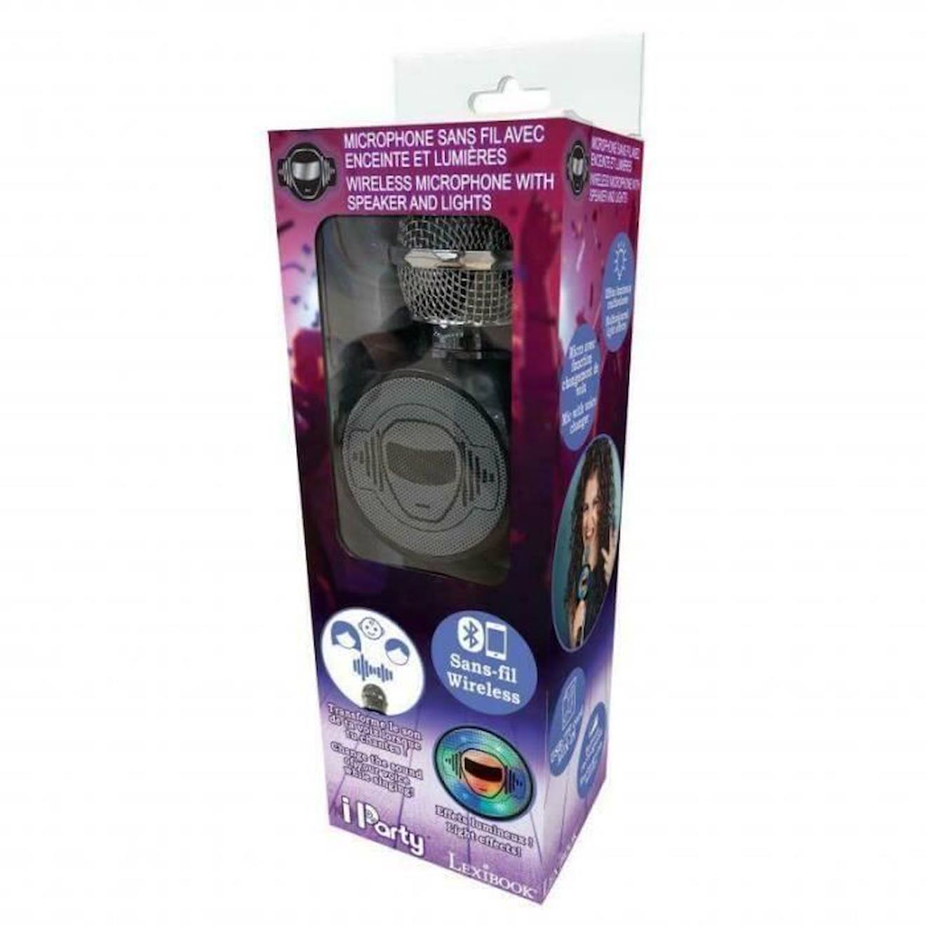 Micro Karaoké sans fil avec enceinte Bluetooth® intégrée iParty, avec effets lumineux et fonction changement de voix noir