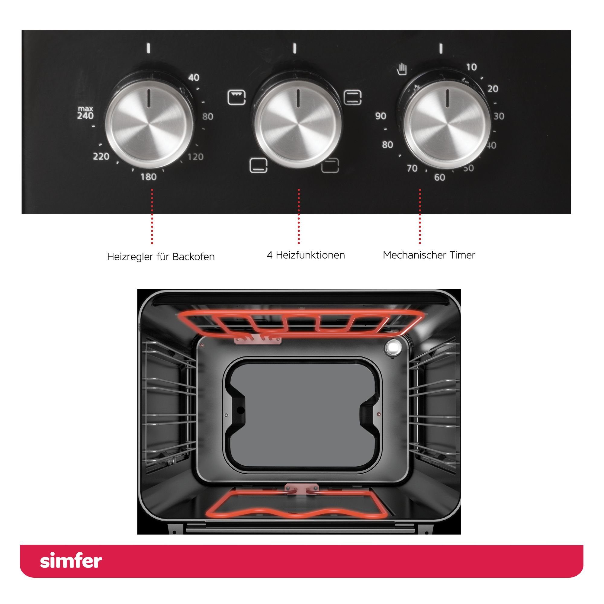 Simfer Gas-Standherd SMF FS 6031, 60 cm, Gaskochfeld mit Elektro-Backofen, 66 Liter Garraum, mit Teleskopauszug nachrüstbar, Grillfunktion, Seitengitter, Timer, Elektrische Taktfunkenzündung