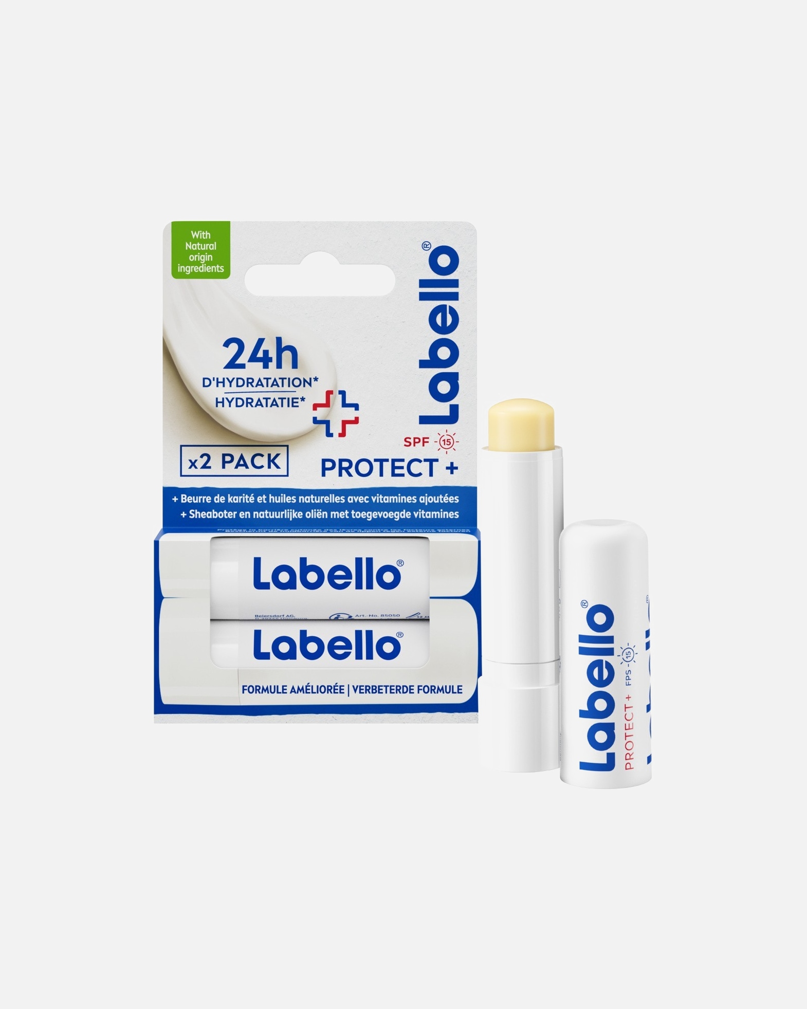 Labello aizsargājošie lūpu balzami, 2 mitrinoši zīmuļi, SPF 15