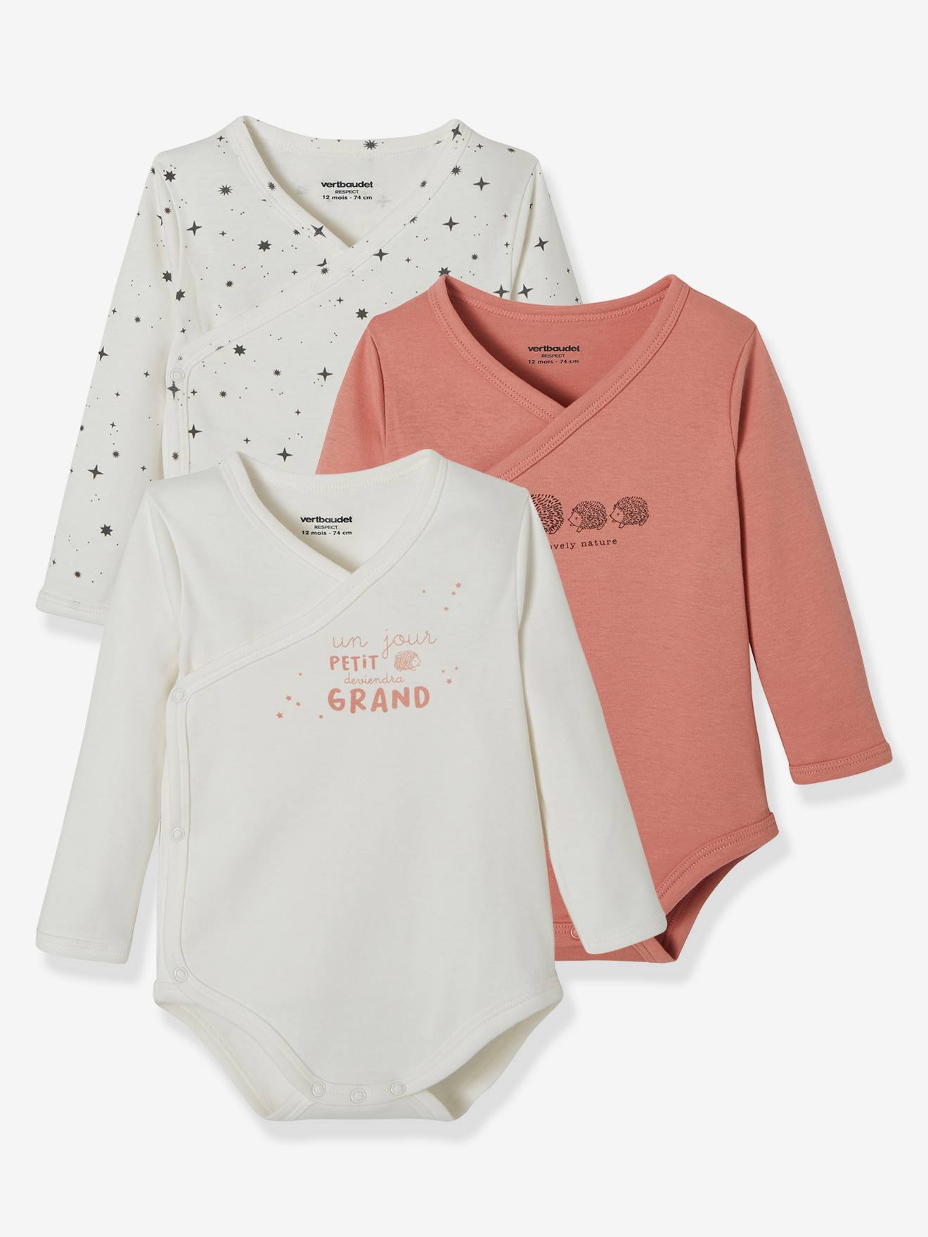 Lot de 3 bodies manches longues en coton bio ouverture naissance ivoire
