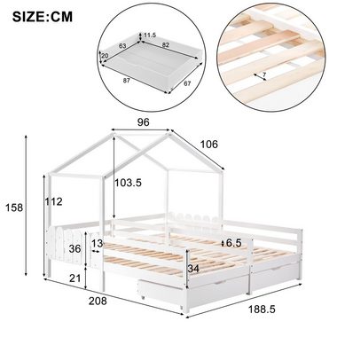 Flieks Massivholzbett, Hausbett Kinderbett Doppelbett 2 Schubladen 200x90cm