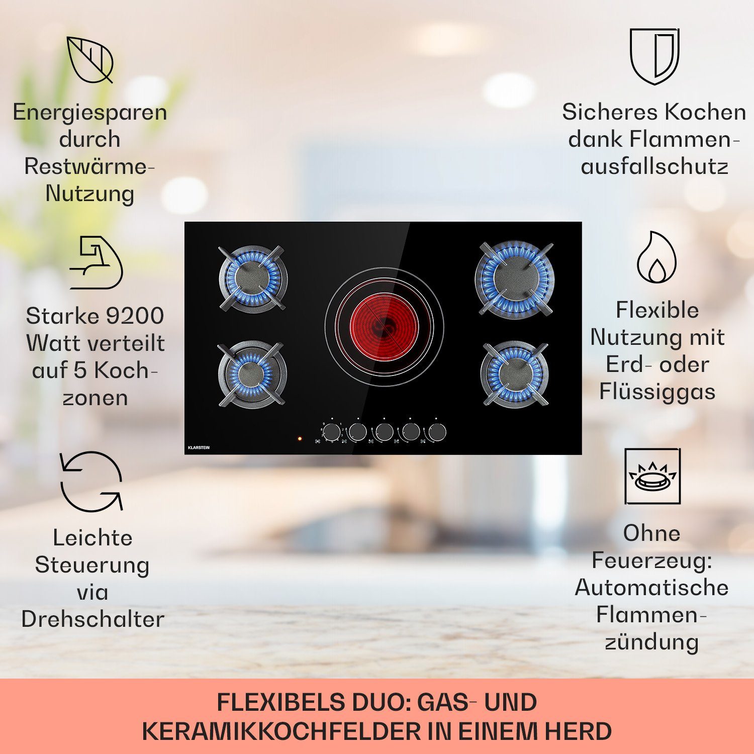 Klarstein Gas-Kochfeld CP11-MultiChef-5 CP11-MultiChef-5, 5 Kombi Multi Kochfelder Gaskochfelder 4 Brenner