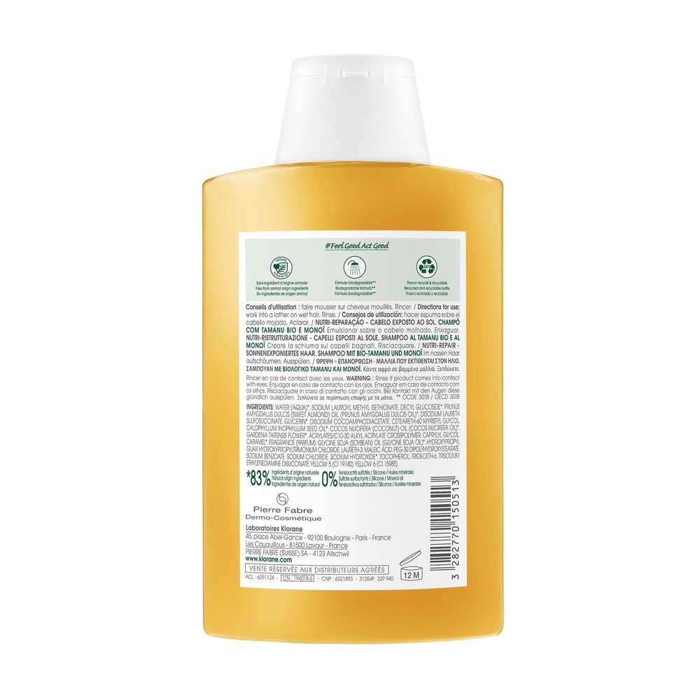 Klorane Klorane Solaire Shampooing nutritif aprè s-soleil au Monoï et Tamanu BIO 200ml Shampoing