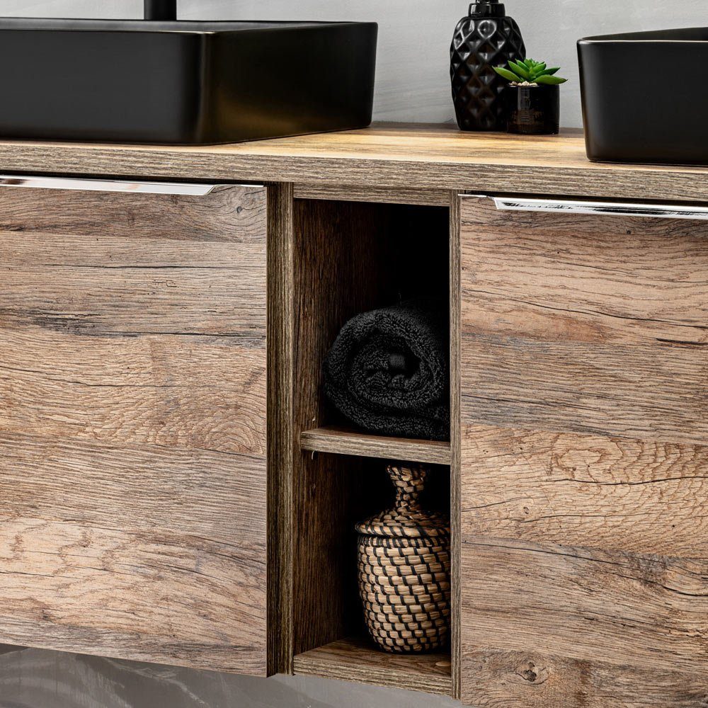 Lomadox Badmöbel-Set PUEBLA-56, (8-St), Oak Eiche Doppelwaschtisch Keramik-Waschbecken LED-Spiegel Hochschrank