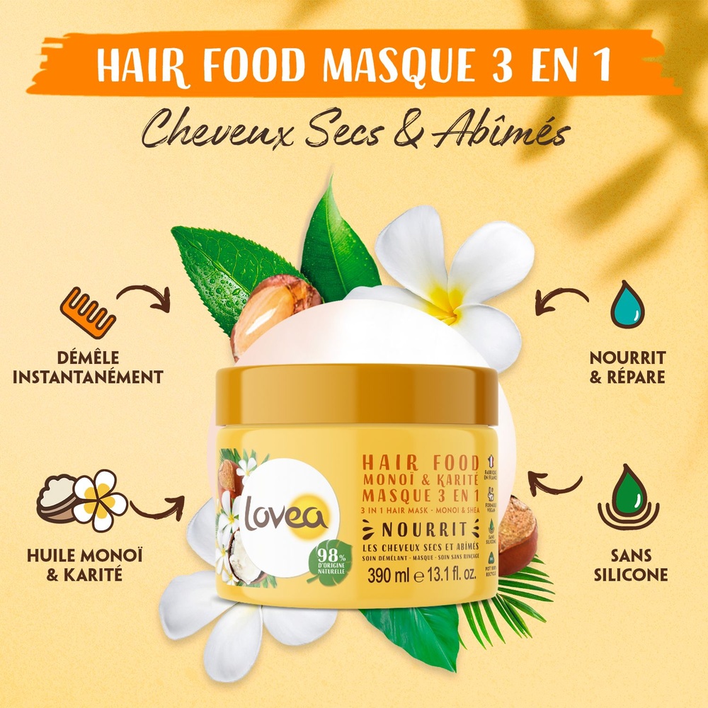 lovea Hair Food Monoï & Karité Masque 3 en 1 Masque Capillaire - Cheveux Secs et Abîmés