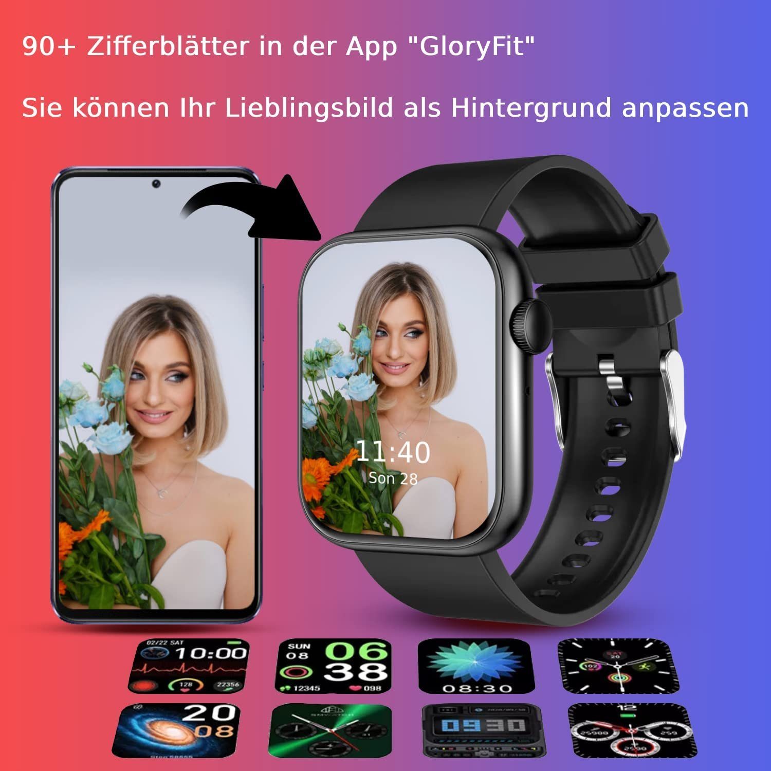 Mutoy Smartwatch Fitness Tracker Damen Herren mit Telefonfunktion Smartwatch (1.85