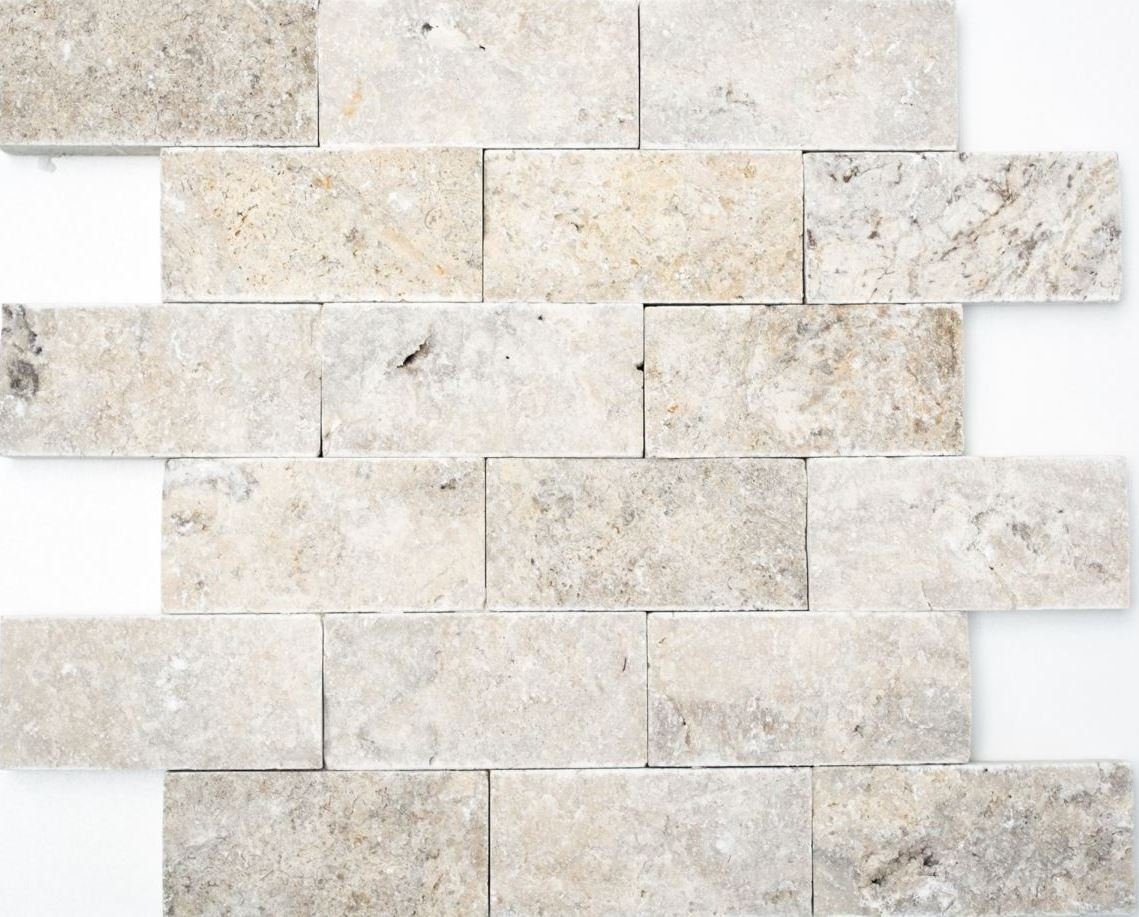 Mosani Mosaikfliesen Travertin Steinwand Steine Wand Naturstein hellgrau Brick Splitface