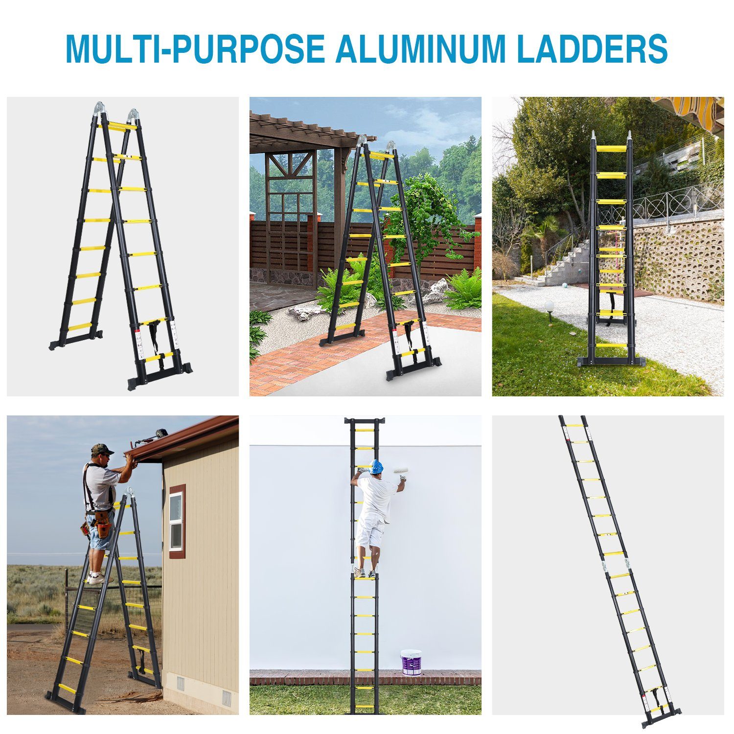 Lospitch Teleskopleiter Teleskopleiter Alu 2.5+2.5m Ausziehleiter Anlegeleiter mit haken gelb