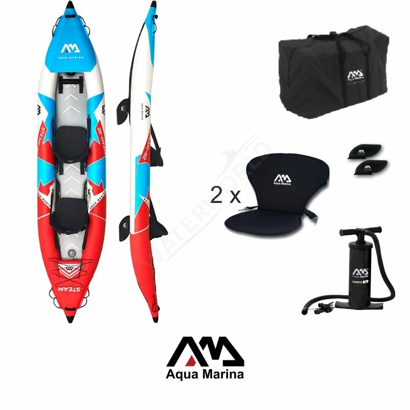 PureHaven Aqua Marina Kajak 412x83 cm für 2 Personen mit Luftsitz verstellbarer Lehne Transporttasche Reparaturset und Handpumpe strapazierfähig Blau/Weiß/Rot
