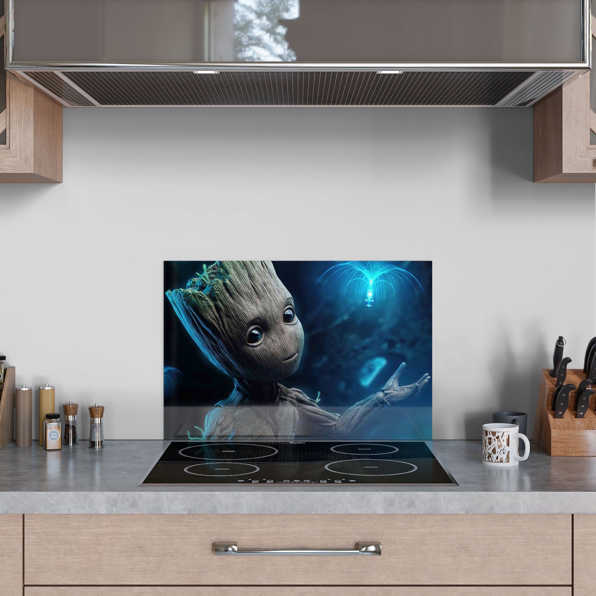 DEQORI Küchenrückwand 'Niedlicher Baby Groot', Glas Spritzschutz Badrückwand Herdblende