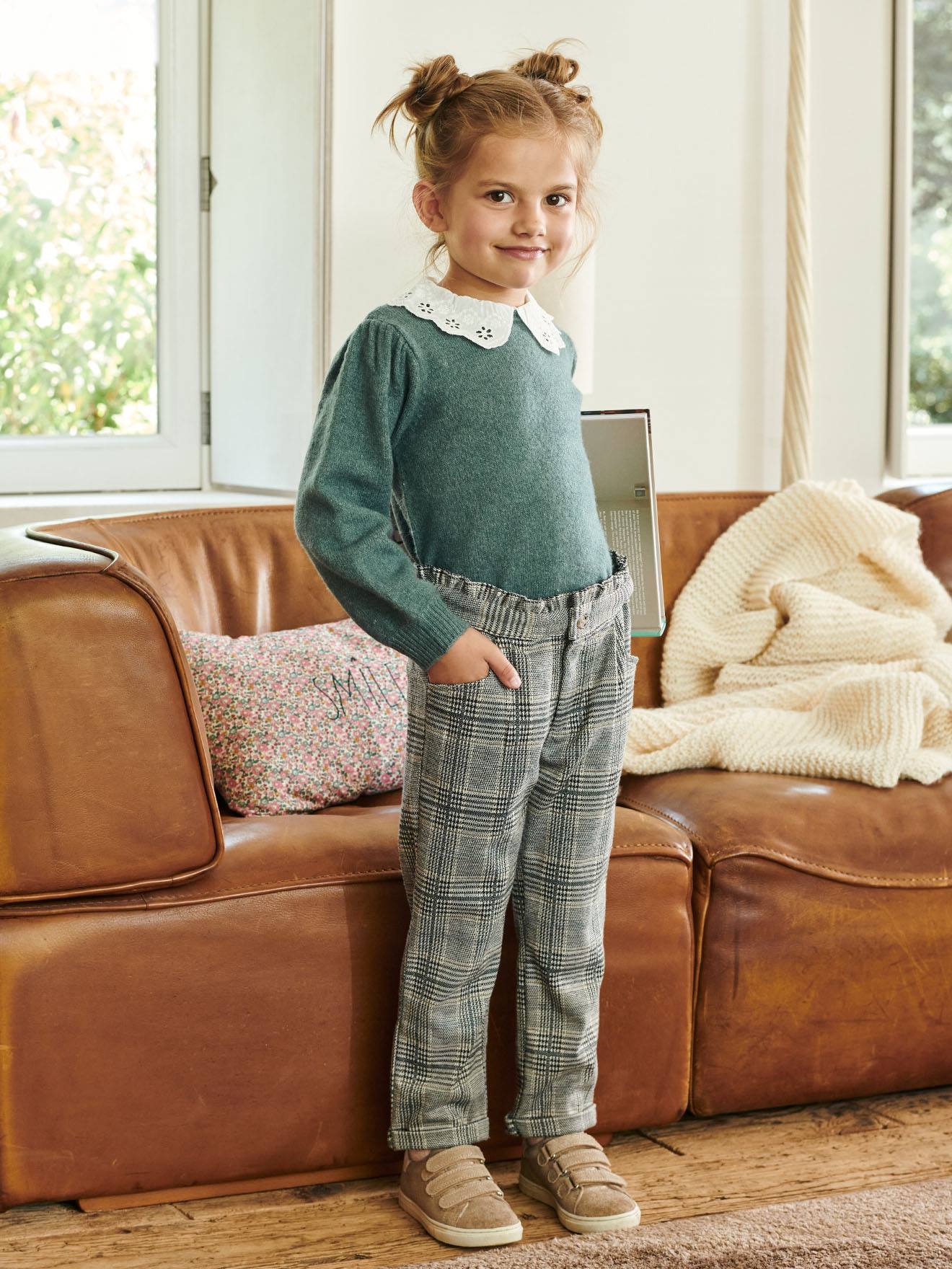 Vertbaudet Karierte Mädchen Hose, Woll-Optik Oeko-Tex - grau kariert