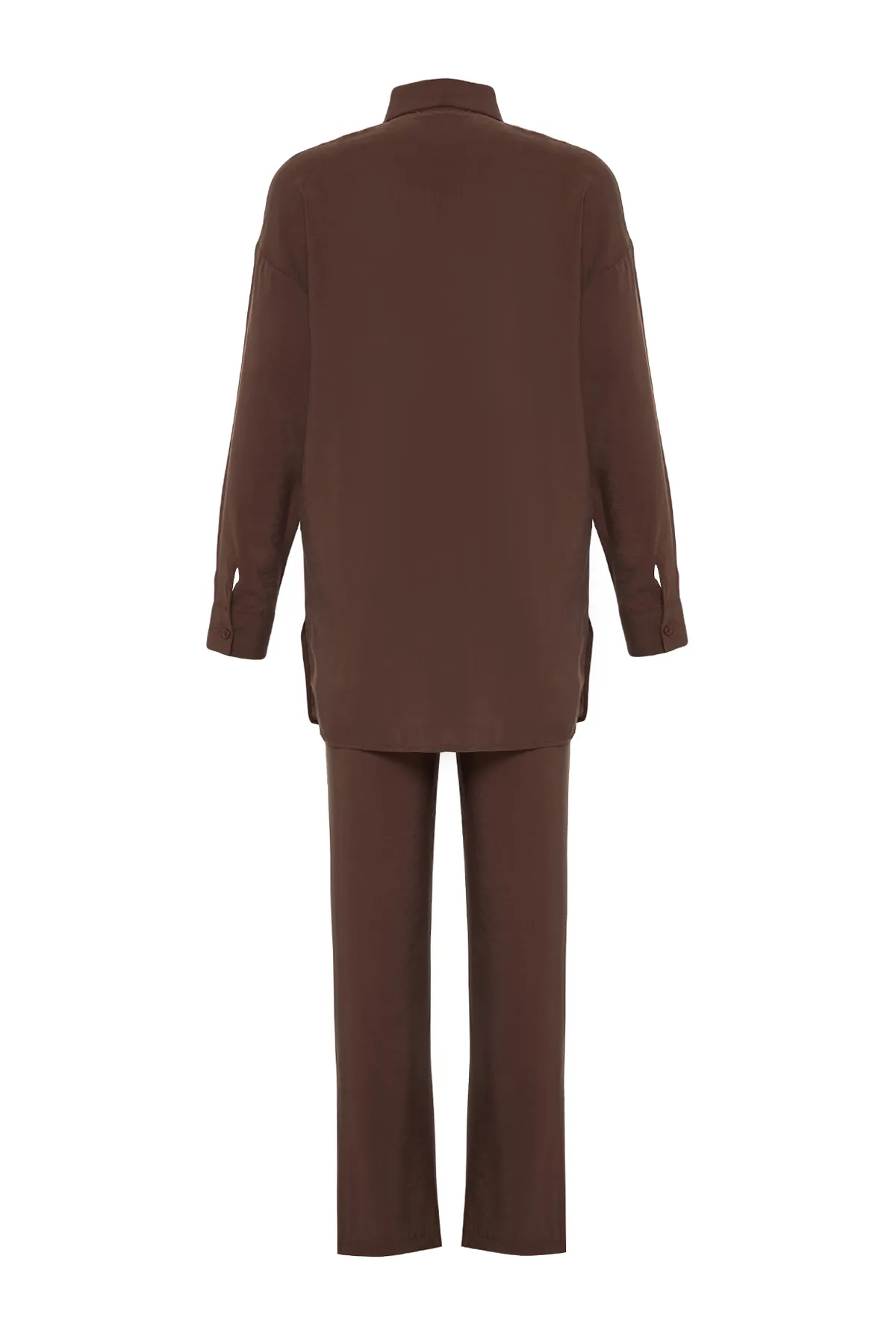 Trendyol Modest  Braunes Modalgewebe-Set aus gewebtem Unterteil, Oberteil, Hemd und Hose TCTSS24US00058