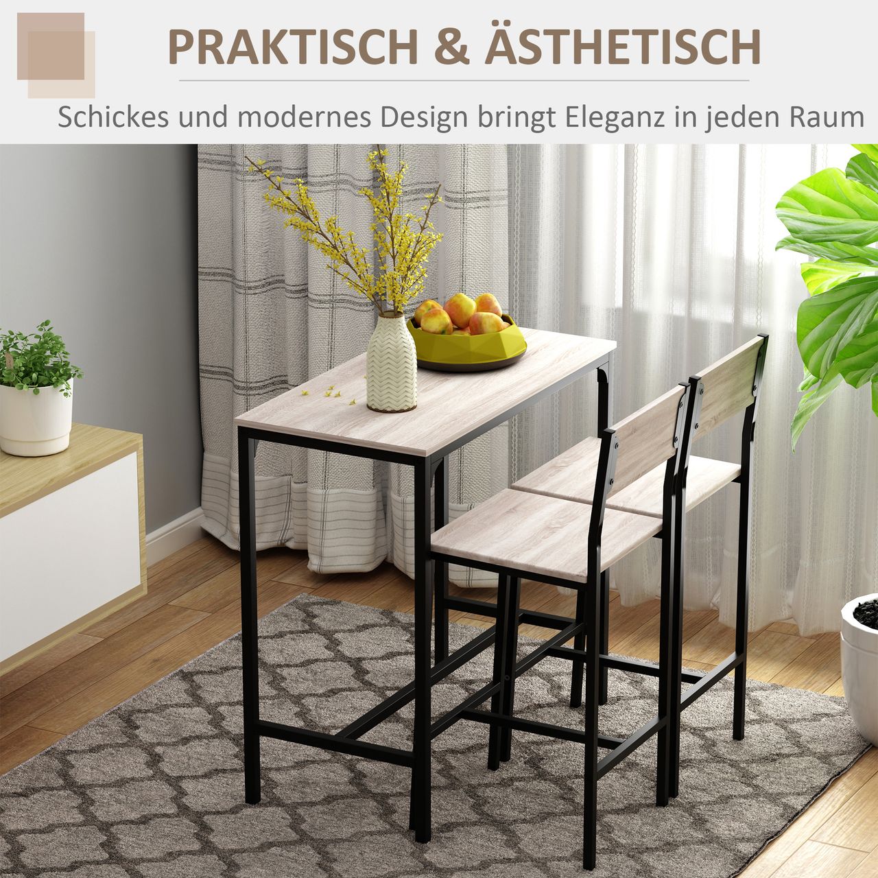 HOMCOM Bartisch Set 3-teilig, Esstisch mit 2 Barhocker, Küchentresen mit Barstühlen, Essgruppe, Sitzgruppe für Küche, Esszimmer und Bistro, Metallgestell, MDF, Natur  Schwarz, 89 x 45 x 87 cm