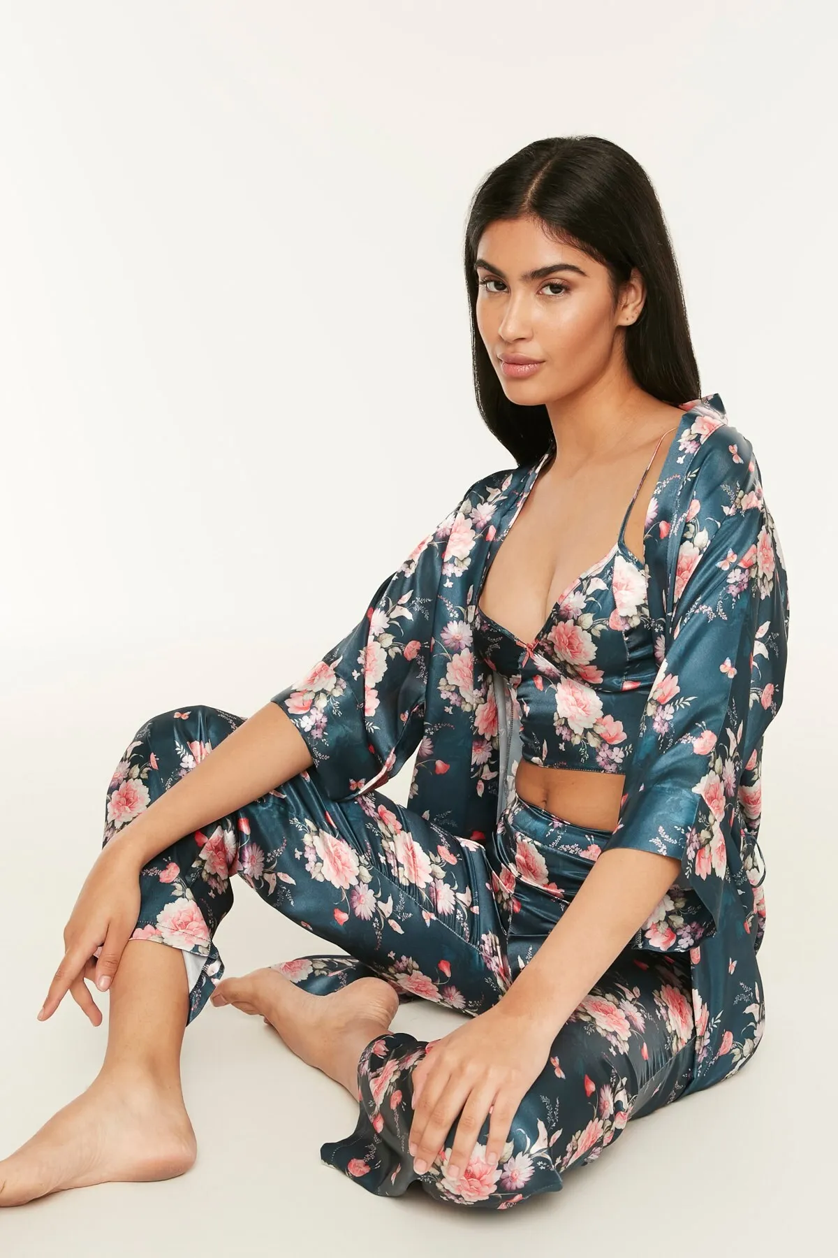 C&City  045 Gemustertes 3-teiliges Satin-Pyjama-Set für Damen Petrolgrün