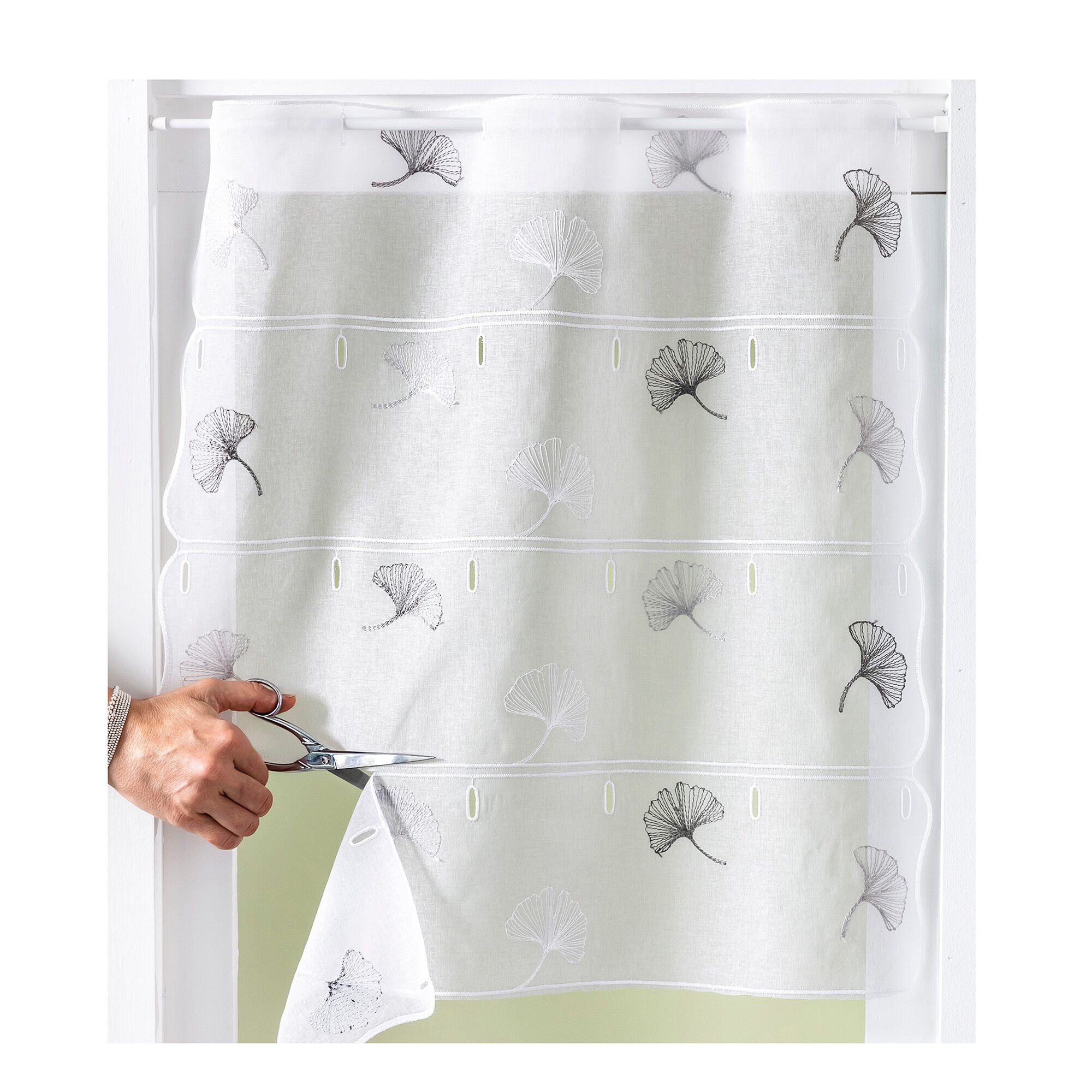 Rideau modulable hauteur brodé fleurs de ginkgo