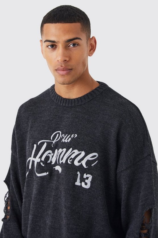 Zerrissener Oversize Pullover mit Homme-Applikation