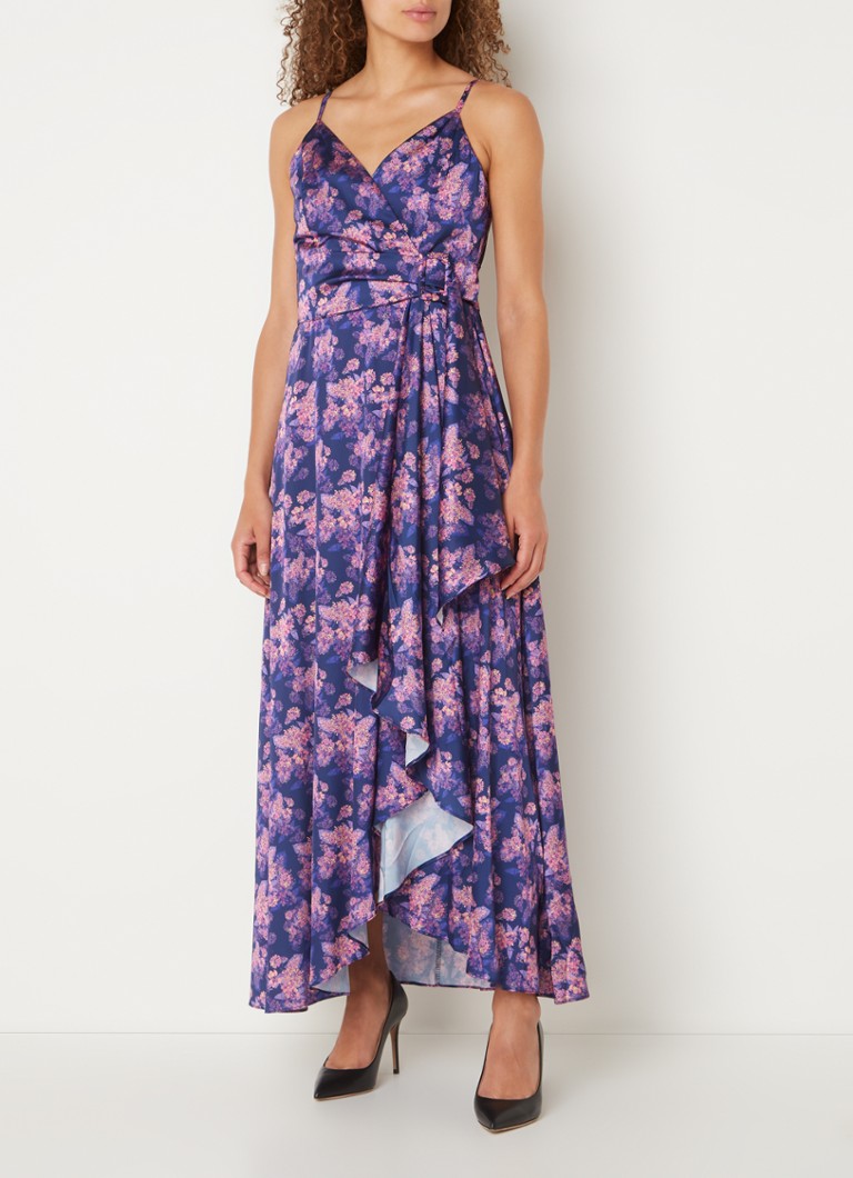 Rochie lungă Chi Chi London cu imprimeu floral și tiv asimetric.