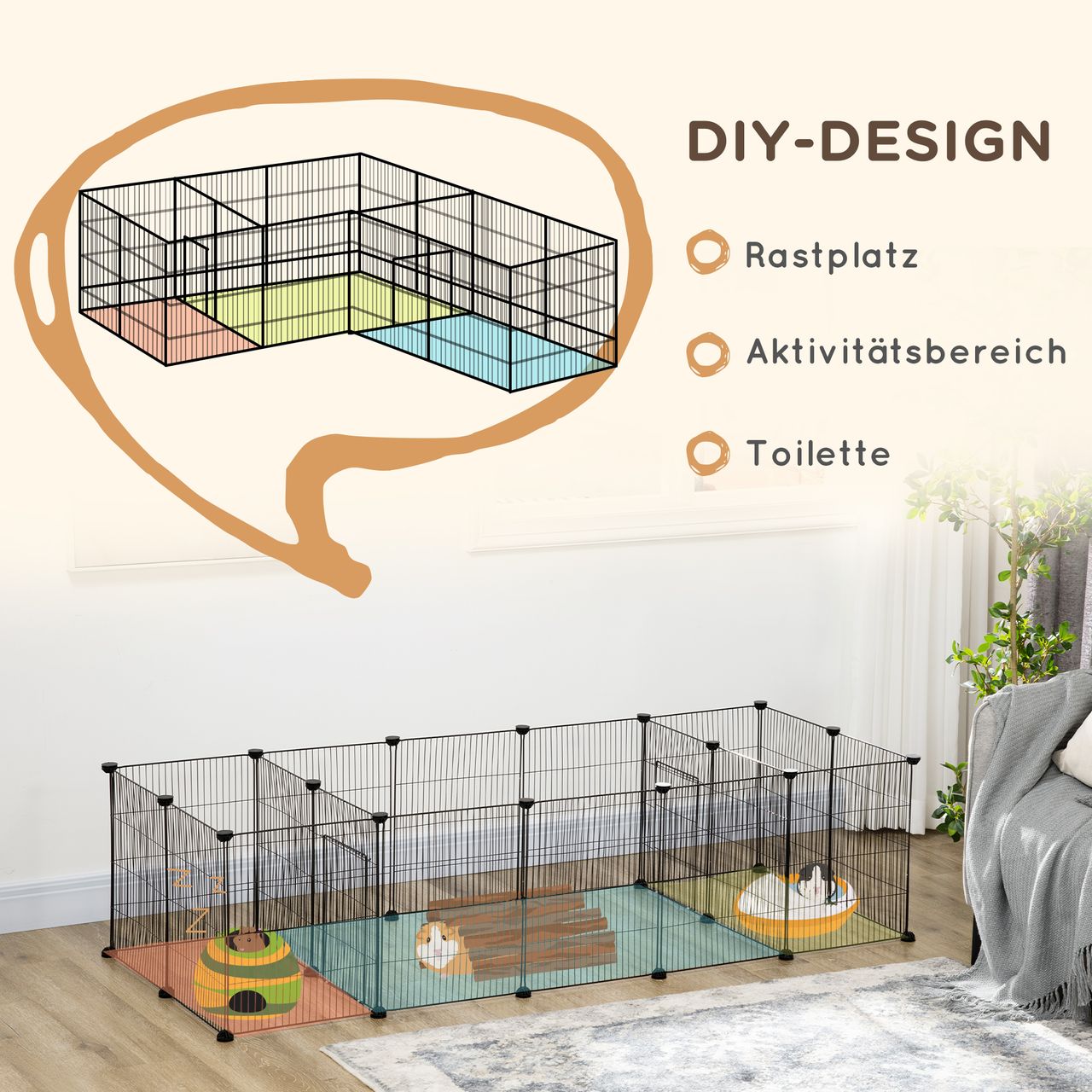 PawHut Kleintierkäfig, Meerschweinchen Gehege DIY Kleintiergehege mit 18 Platten