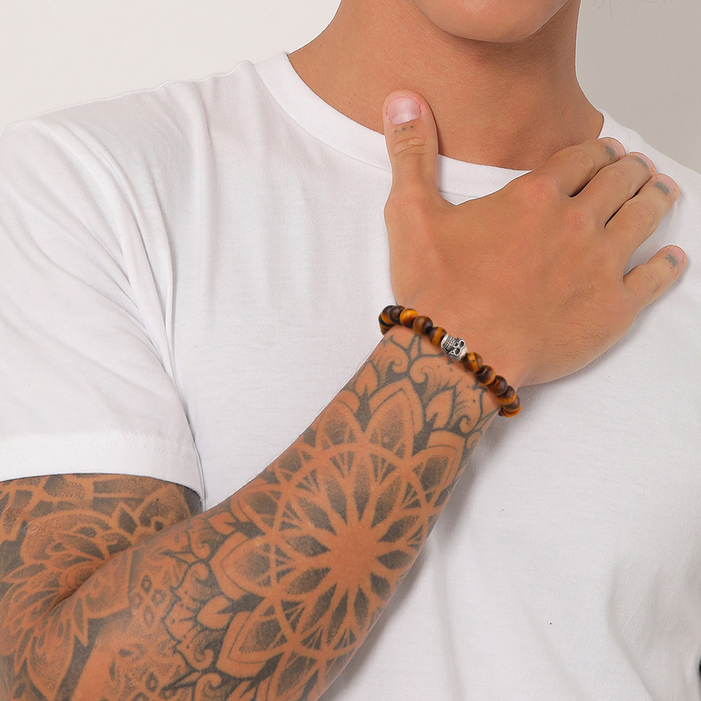 KUZZOI KUZZOI Bracelet Hommes symbole tête de mort avec perles d'oeil de tigre en argent Bracelet