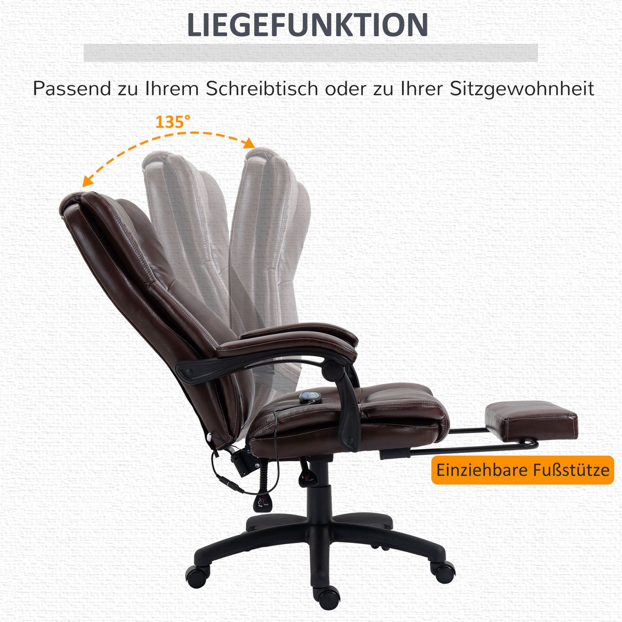 Vinsetto Bürostuhl Drehstuhl mit Massagefunktion Liegefunktion Braun
