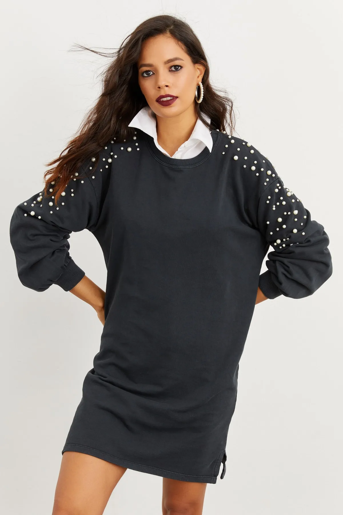 Cool & Sexy  Anthrazitfarbenes Perlen-Sweatkleid für Damen İZ5468