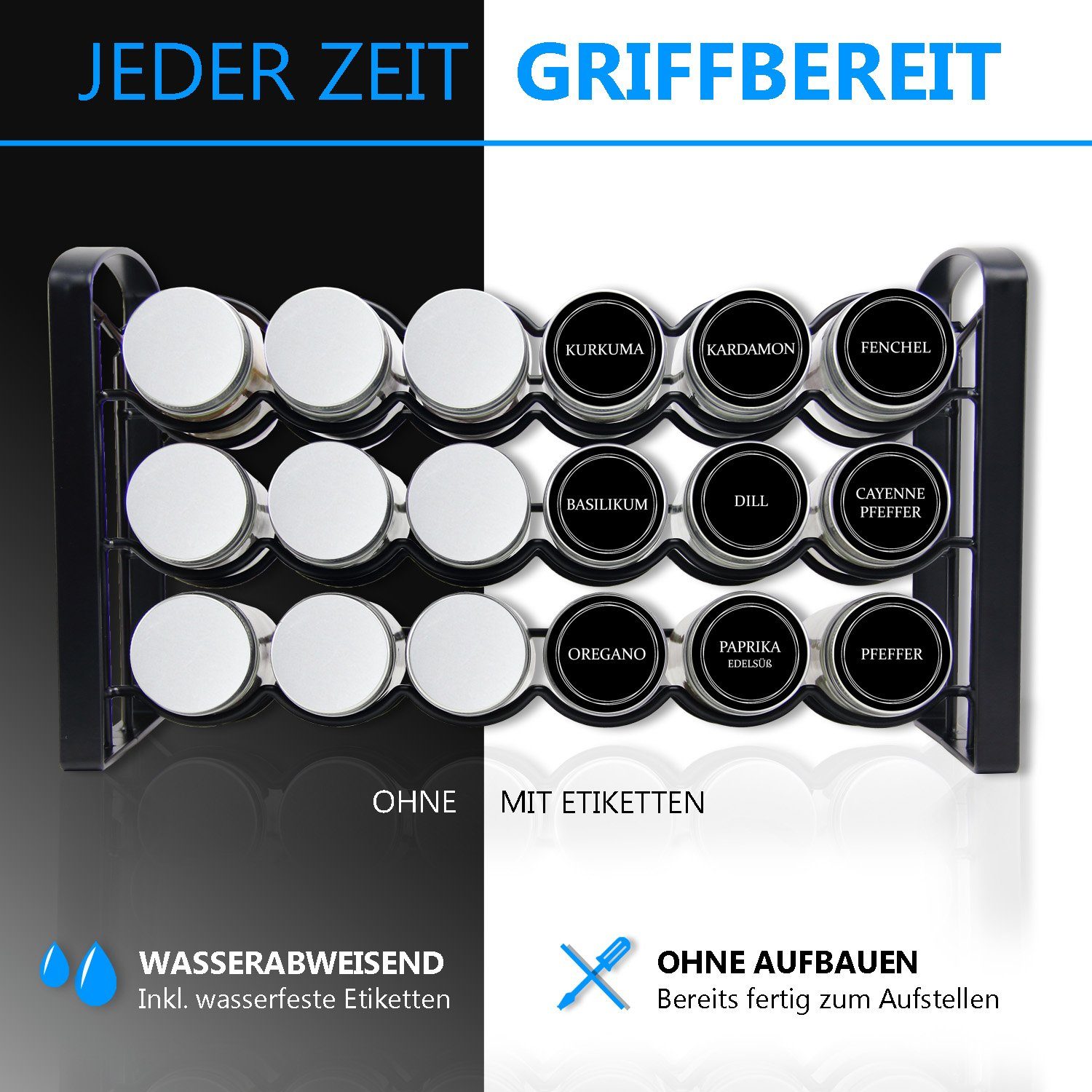 LEANDER DESIGN Gewürzregal, Komplett-Set, 18 Gewürzgläser, inklusive 54 Gewürzetiketten