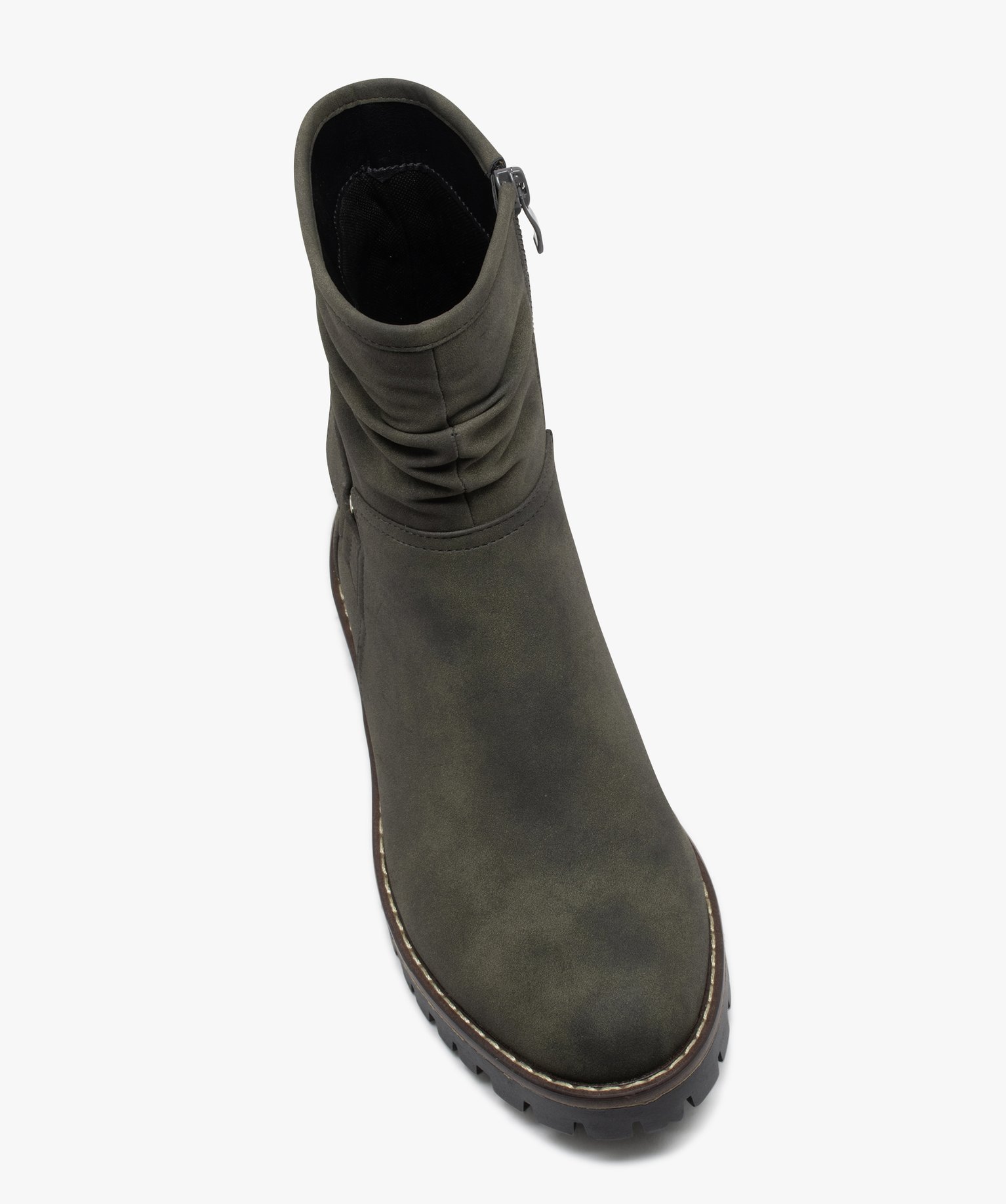 Boots femme à talon plat dessus uni avec col plissé kaki | GEMO