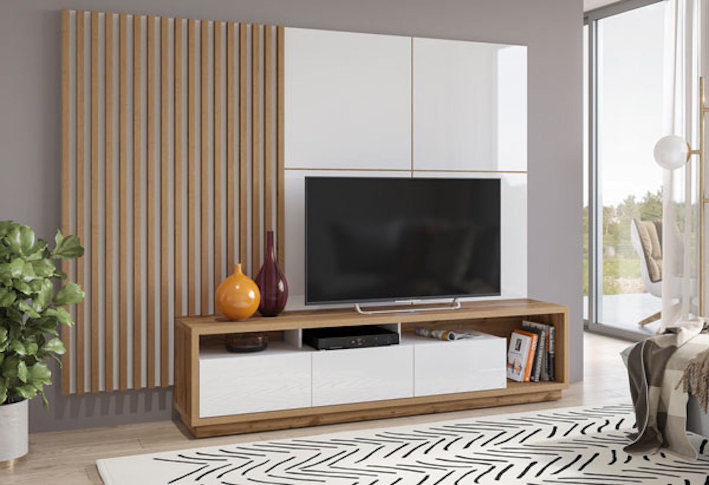 Helvetia Wandpaneel Celine, 55x7x146cm wotan eiche / weiß matt, mit Lamellen