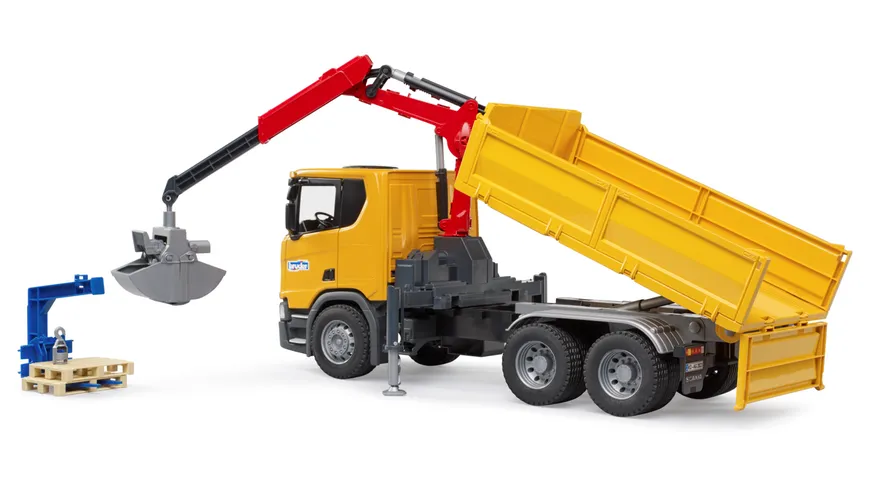 BRUDER - Scania Super 560R Baustellen-LKW mit Kran und 2 Paletten
