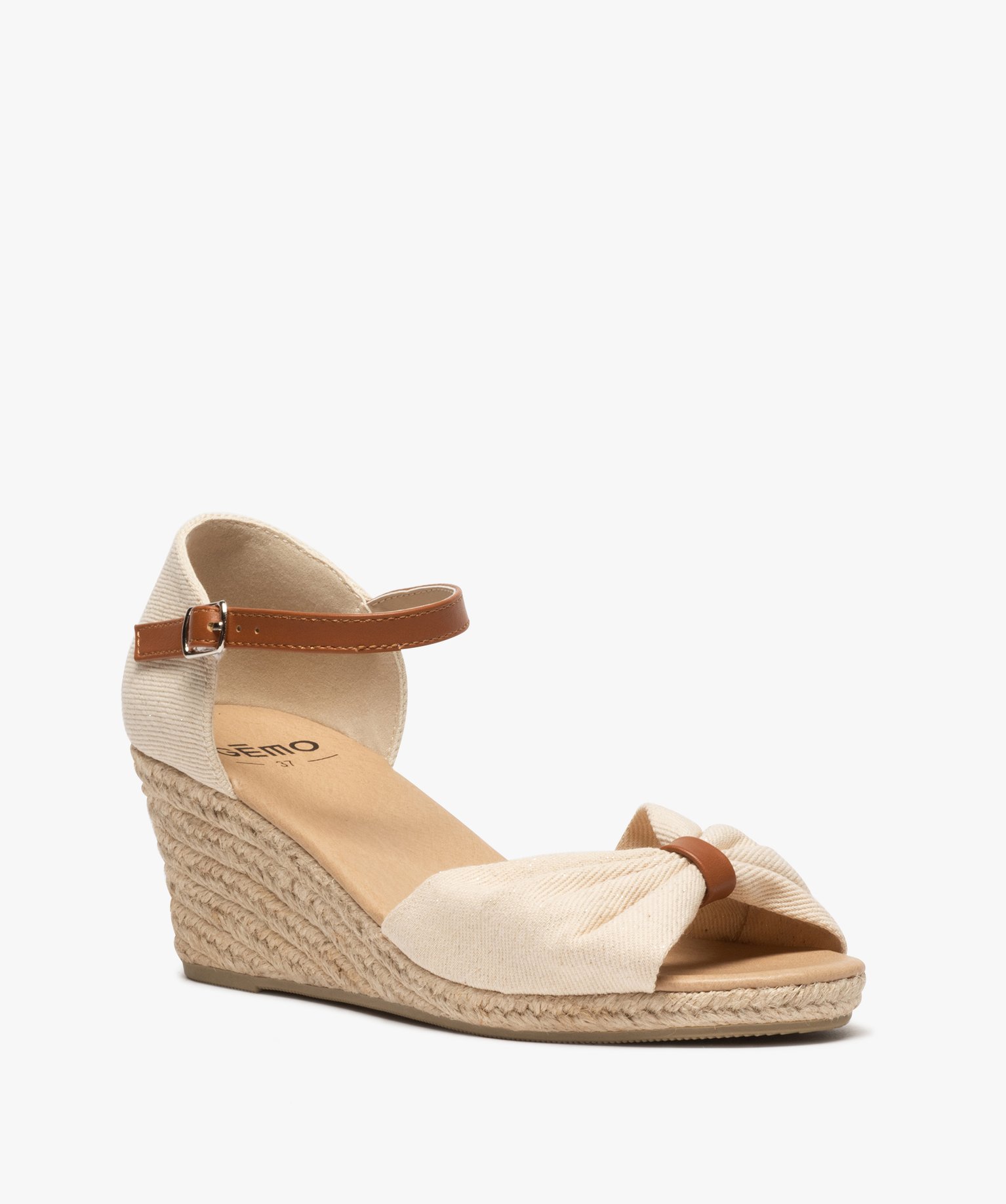 Sandales femme à talon compensé dessus drapée en tissu beige | GEMO